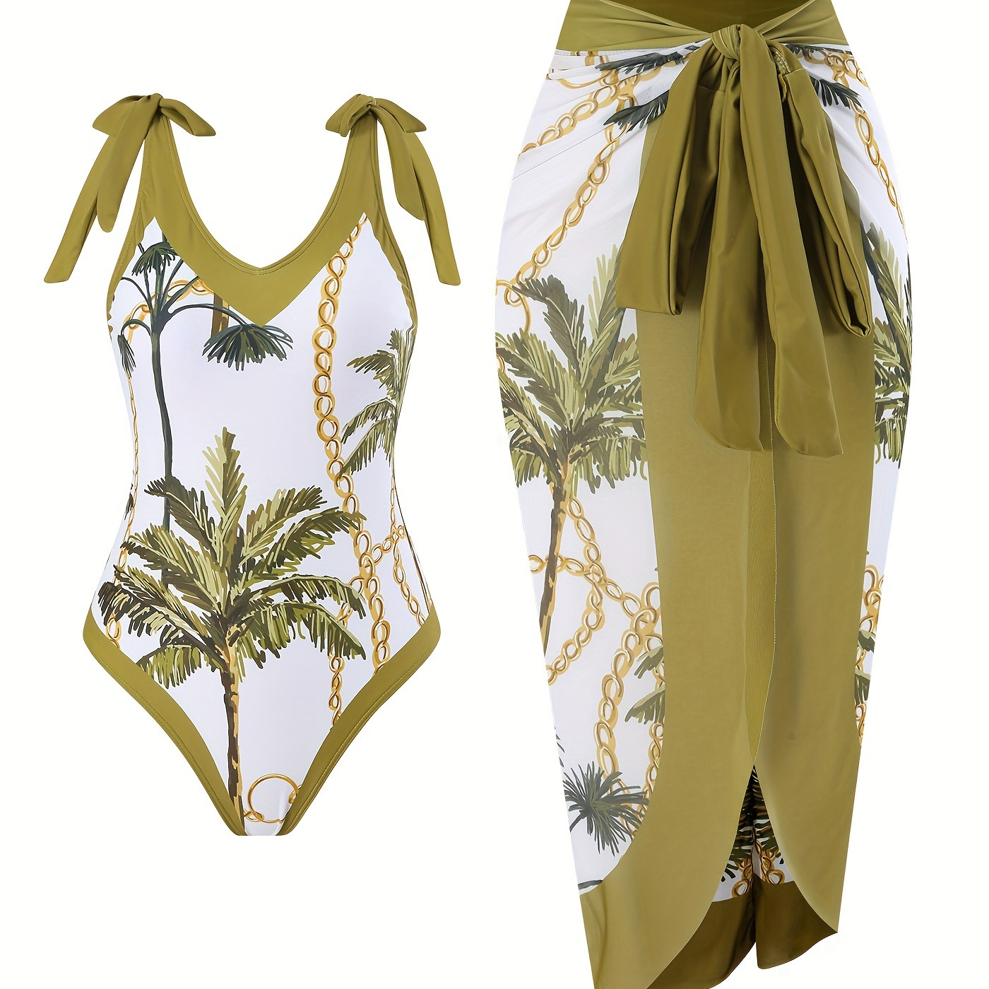 

Coconut Trees & Chain Print 2 Piece Swimsuits, Bow Tie Shoulder Straps V Neck One-piece Bathing-suit & Cover Up Skirt, Women's Swimwear & Clothing