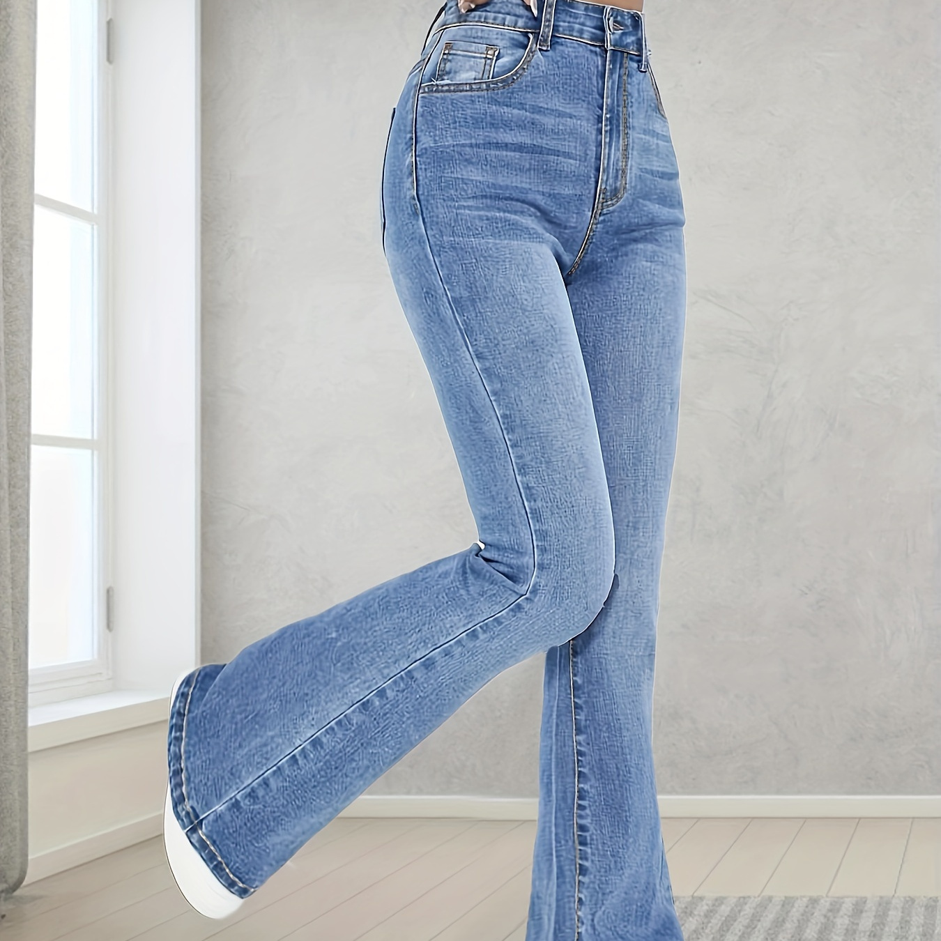 

Jeans taille haute extensibles pour femmes, pantalons bootcut décontractés en denim, coupe ajustée, vêtements quotidiens d'extérieur, bleu uni