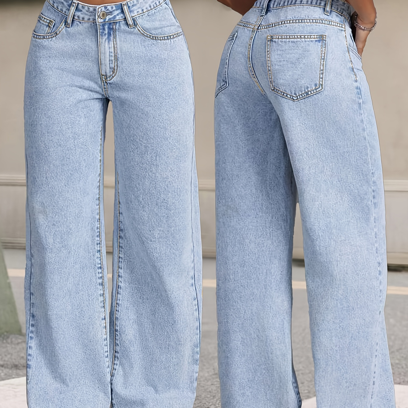 

Fashionable And High-waisted Blue Loose Wide-leg Jeans For Women With An Waistband.