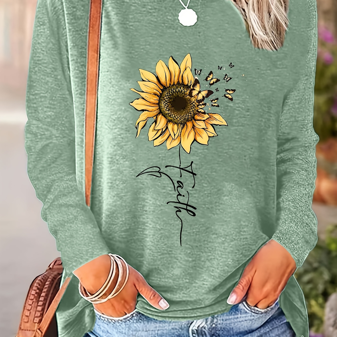 

[ ] Women's Casual Long Sleeve T-shirt With Sunflower And - Soft Rayon , Crew Neck, Relaxed Fit, Machine Washable - Spring/fall