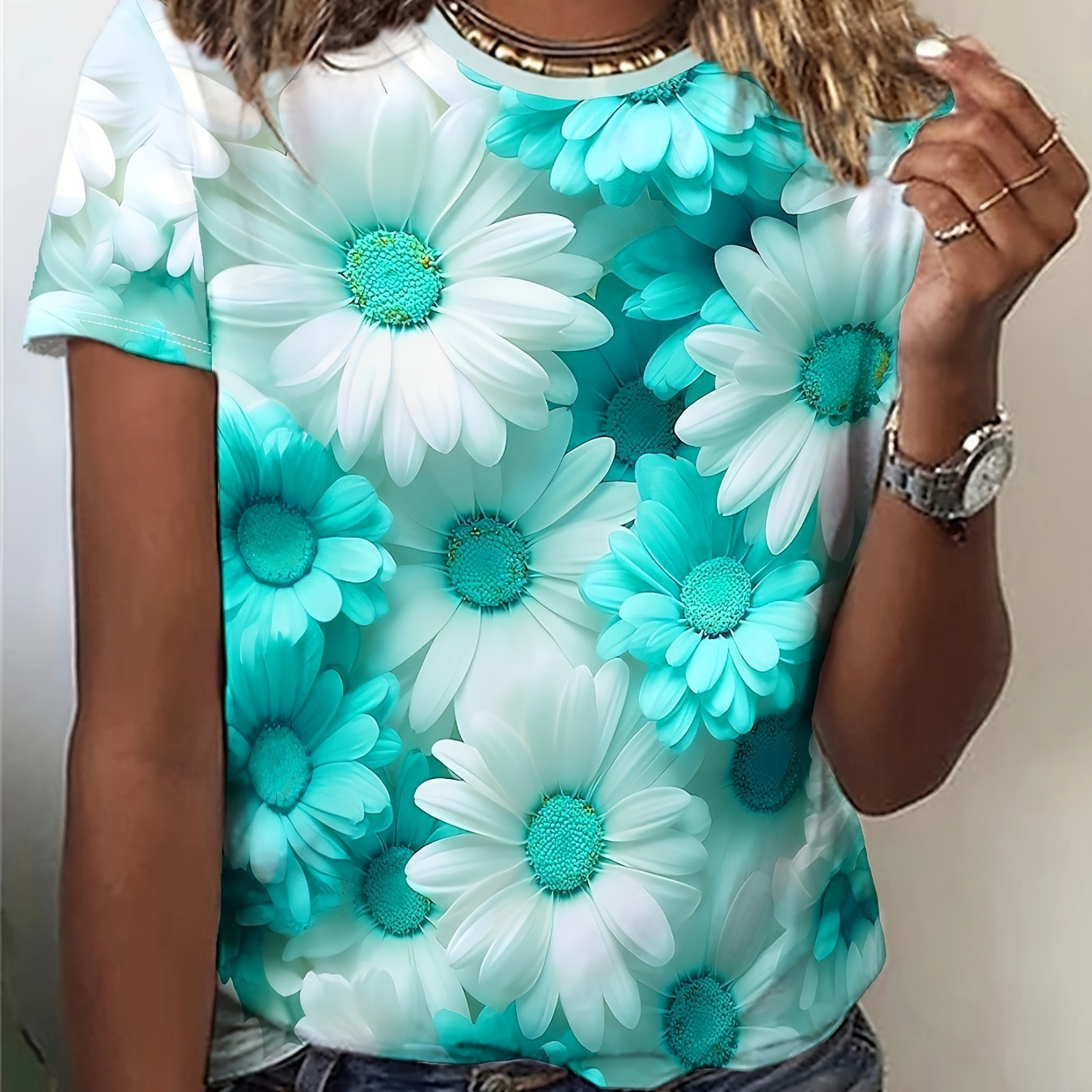 

Floral Print Crew Neck T-shirt, Casual Short Sleeve Top For Spring & Summer, Women's Clothing