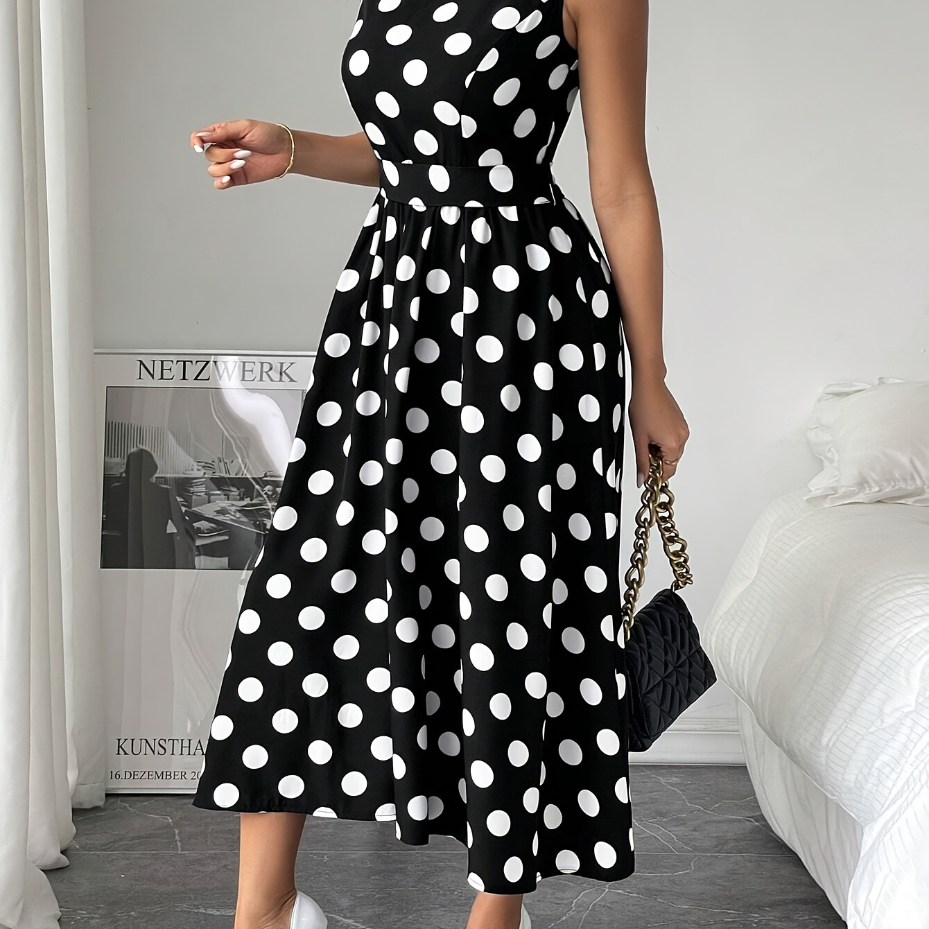 

Elegant Polka Dot A-line Midi Dress For Women - Sleeveless With Belt, Crew Neck, Non-stretch Polyester - Summer