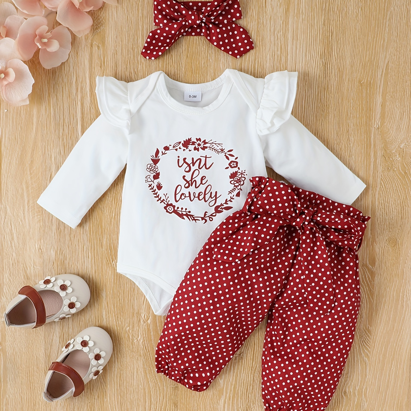 

is'nt She Lovely" Print Baby Girls Cute 4pcs Set: Long Sleeve Romper + Polka Dot Pants + Head Decor Outfit