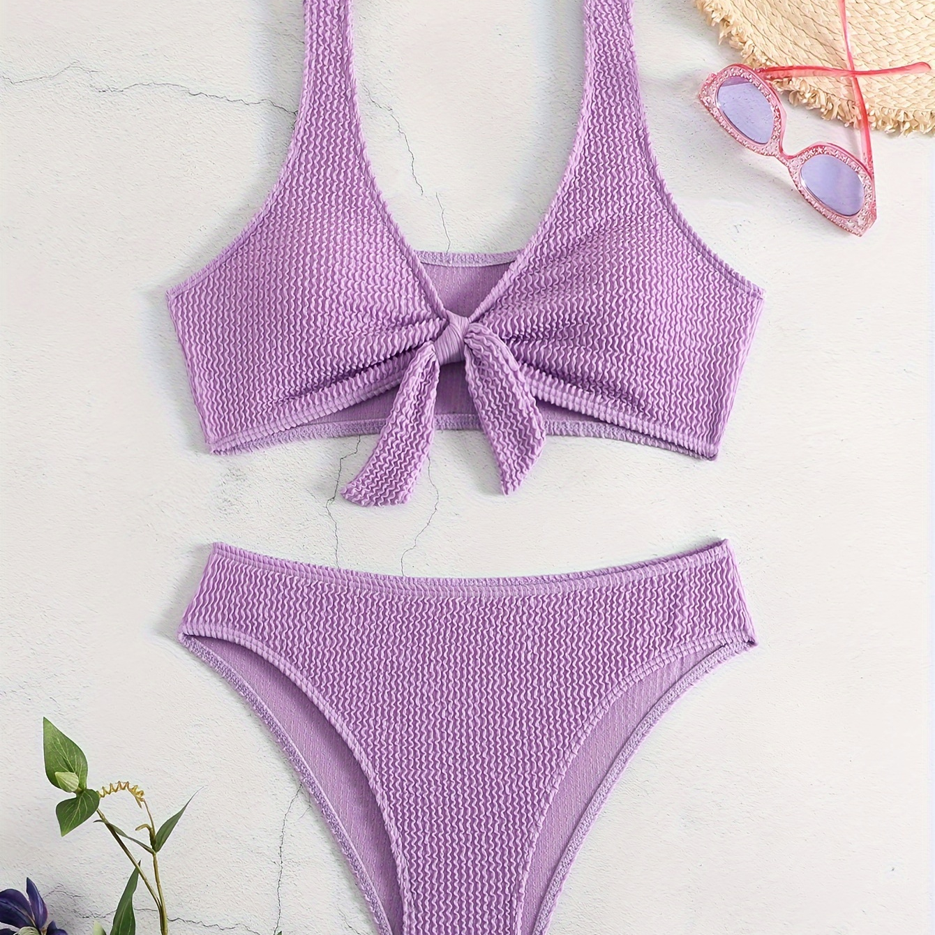 

Plain Textured Fabric 2 Piece Set Bikini, V Neck Tie Front High Cut Swimsuits, Women's Swimwear & Clothing