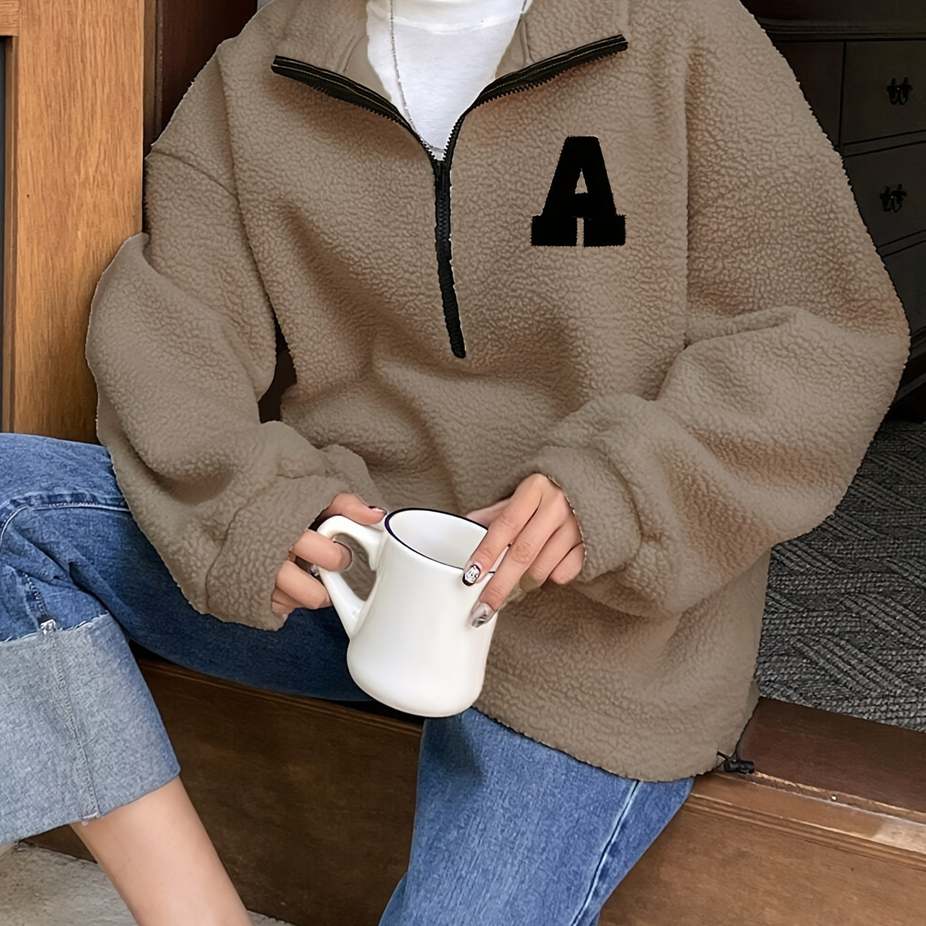 

Casual Embroidered Letter Sweatshirt With Small Collar - Knit Fabric Hoodie, Polyester, Regular Fit