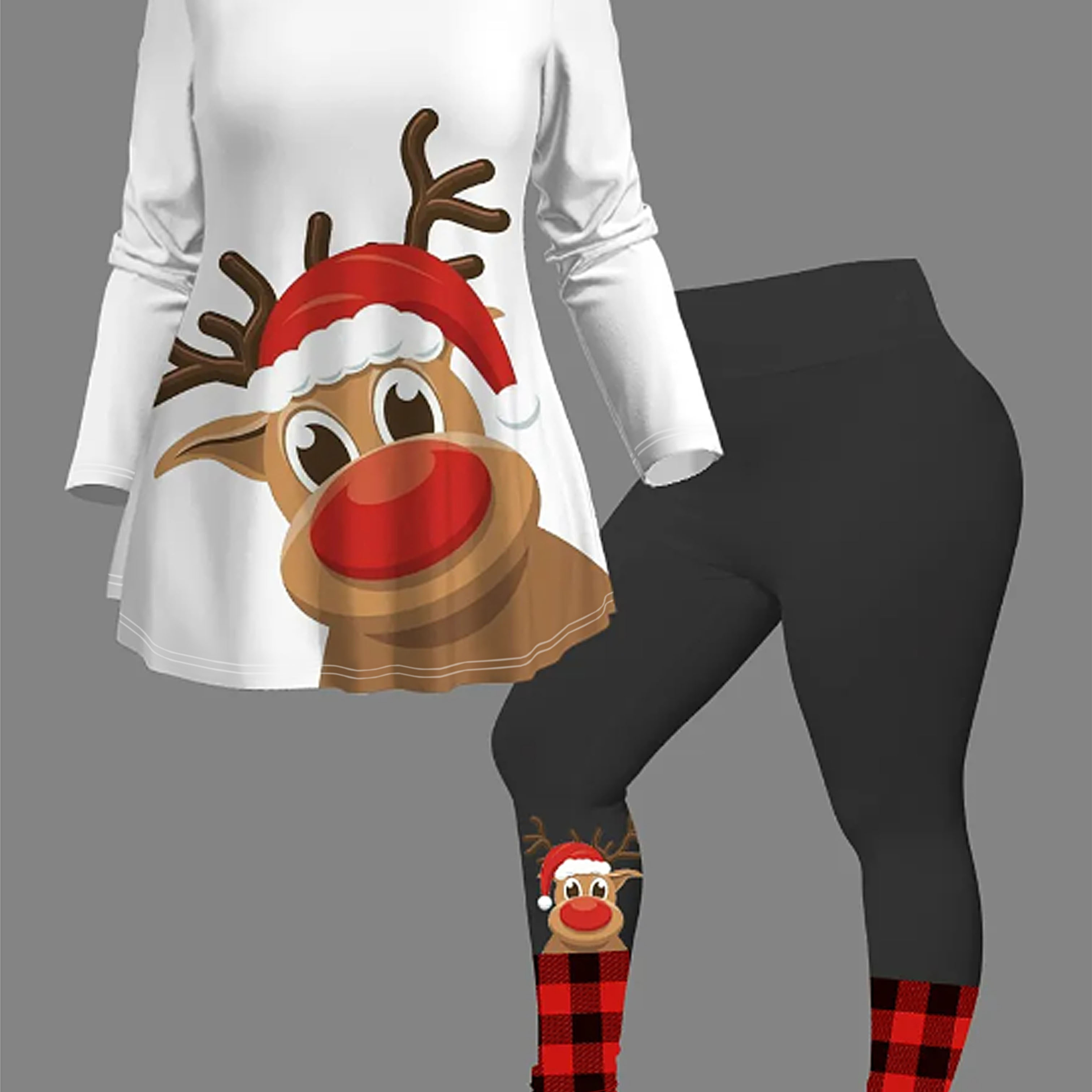 

Plus Size Christmas Casual Outfits Set, Women's Plus Deer & Plaid Print Long Sleeve Peplum Top & Leggings Outfits 2 Piece Set