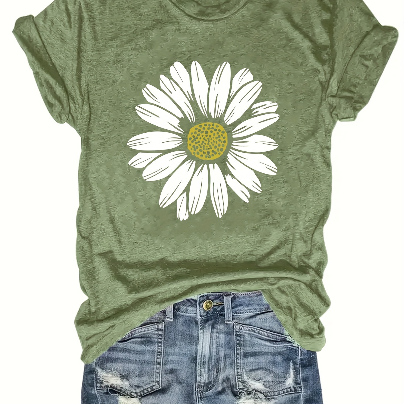 

Flower Print Crew Neck T-shirt, Vintage Short Sleeve T-shirt For Spring & Summer, Women's Clothing