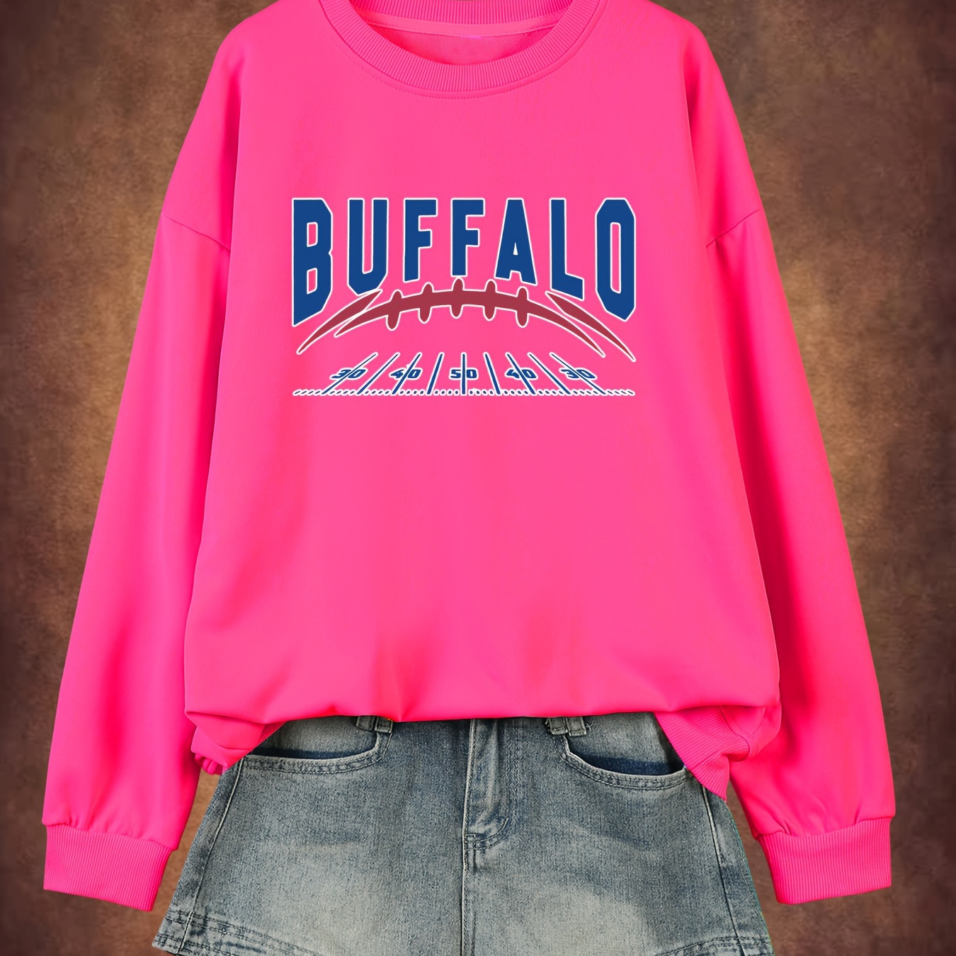 

Plus Size Buffalo Letter Print Sweatshirt, Casual Long Sleeve Crew Neck Pullover Sweatshirt, Women's Plus Size clothing