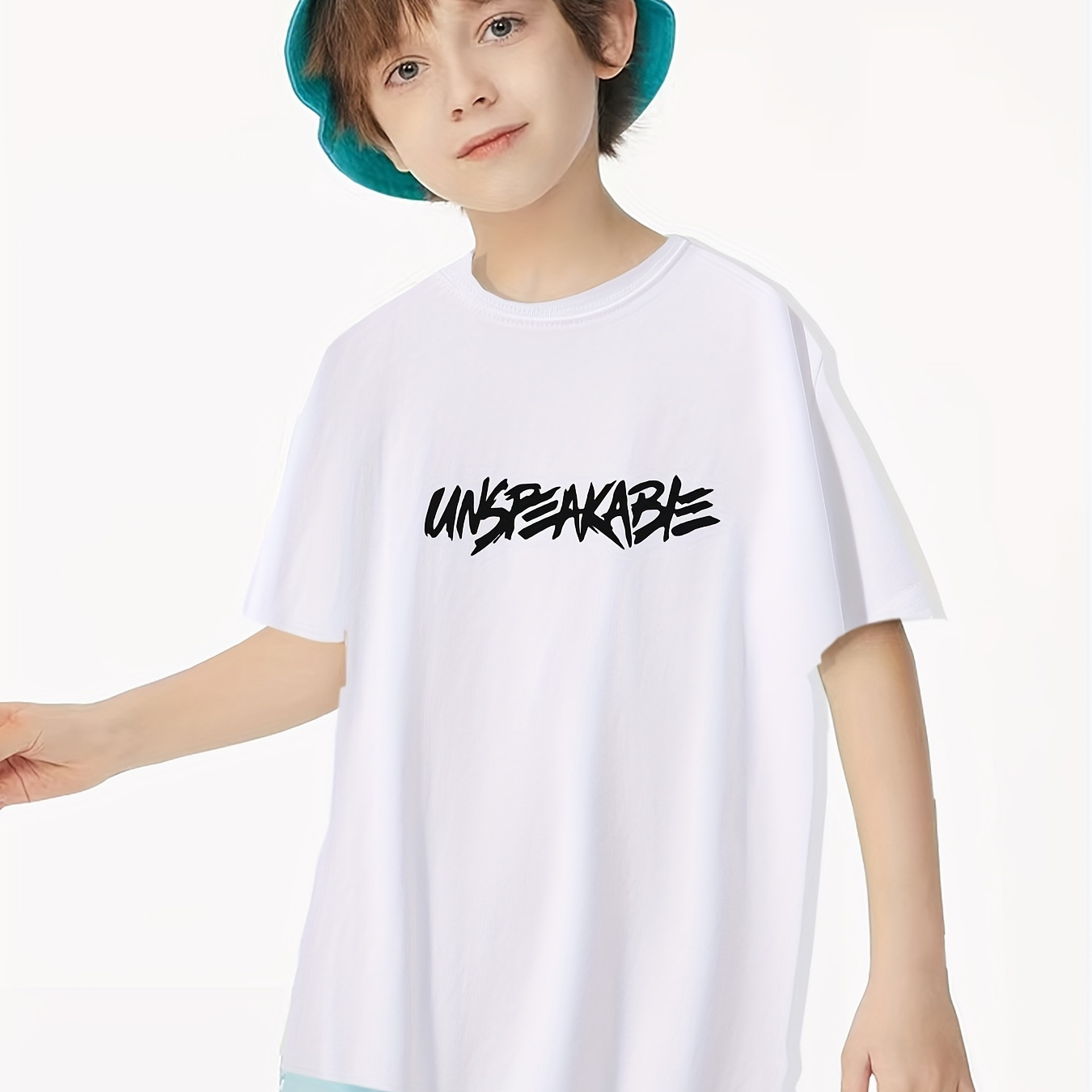 

Trendy Letter Print Boys Creative Cotton Blend T-shirt, Casual Lightweight Comfy Short Sleeve Tee Tops, Boy's Clothings For Summer