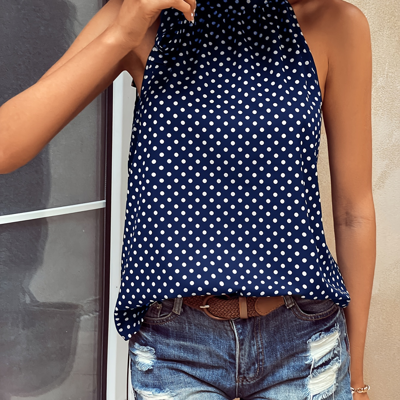 

Polka Dots Print Tie Neck Blouse, Vacation Sleeveless Blouse For Spring & Summer, Women's Clothing