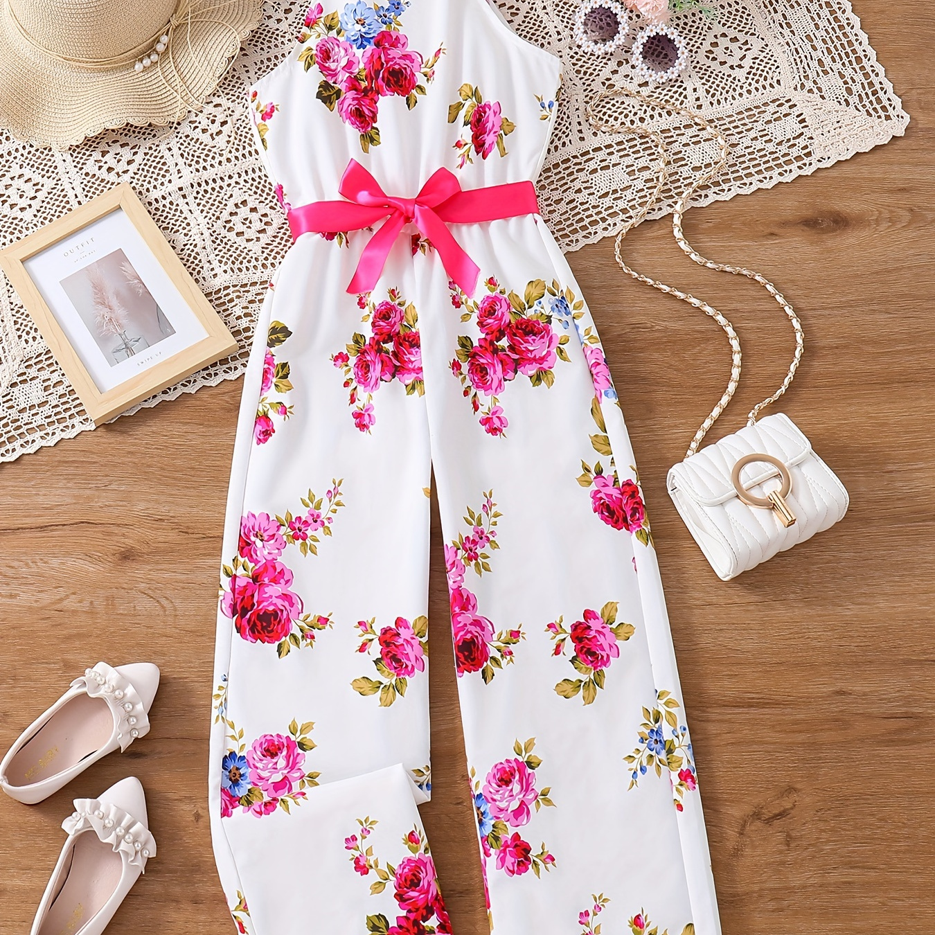 

Flower Print Girls Summer Jumpsuit, Casual Suspender Jumpsuit With Belt Outfits