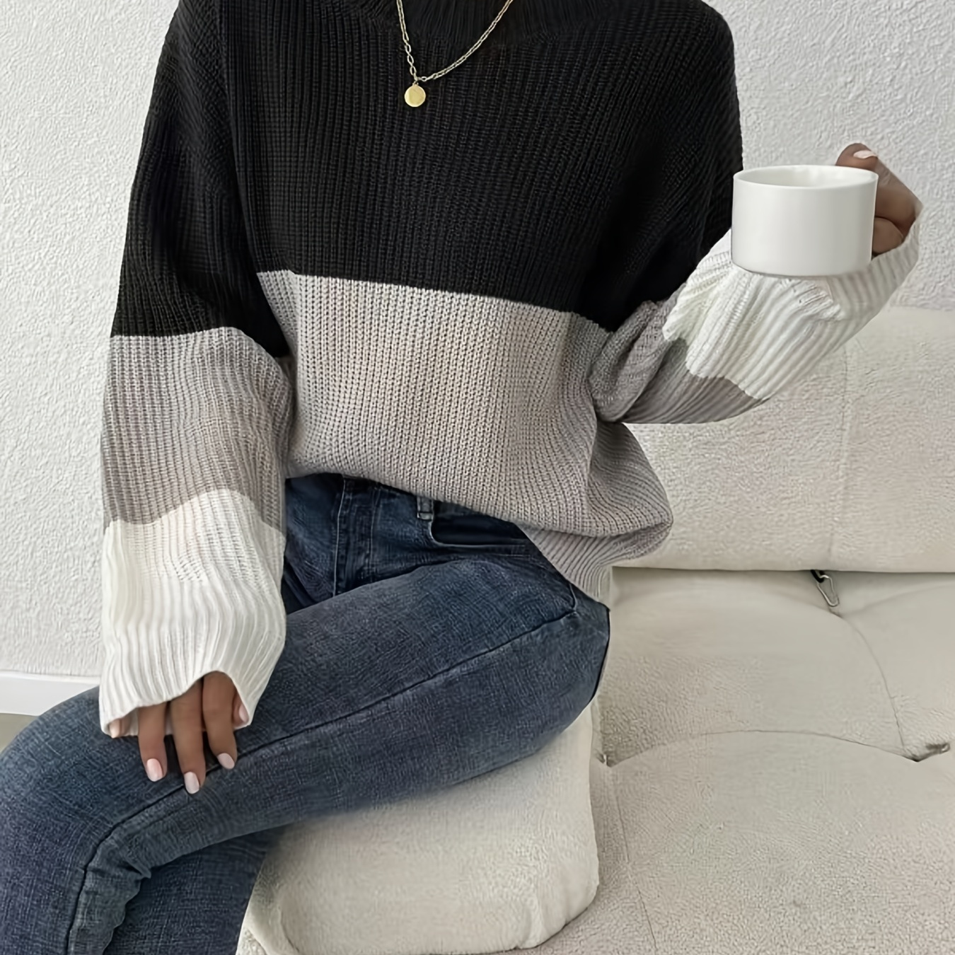 

Color Block Crew Neck Pullover Sweater, Elegant Long Sleeve Drop Shoulder Sweater, Women's Clothing