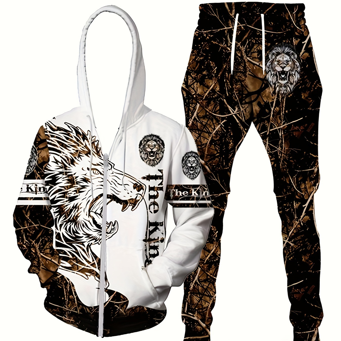 Men's Lion The King Pattern Fashion Novelty Pajamas Loungewear Set, Hoodie And Sweatpants Set, Long Sleeve Sweatshirts Jogger Pant 2 Piece Outfits For Men