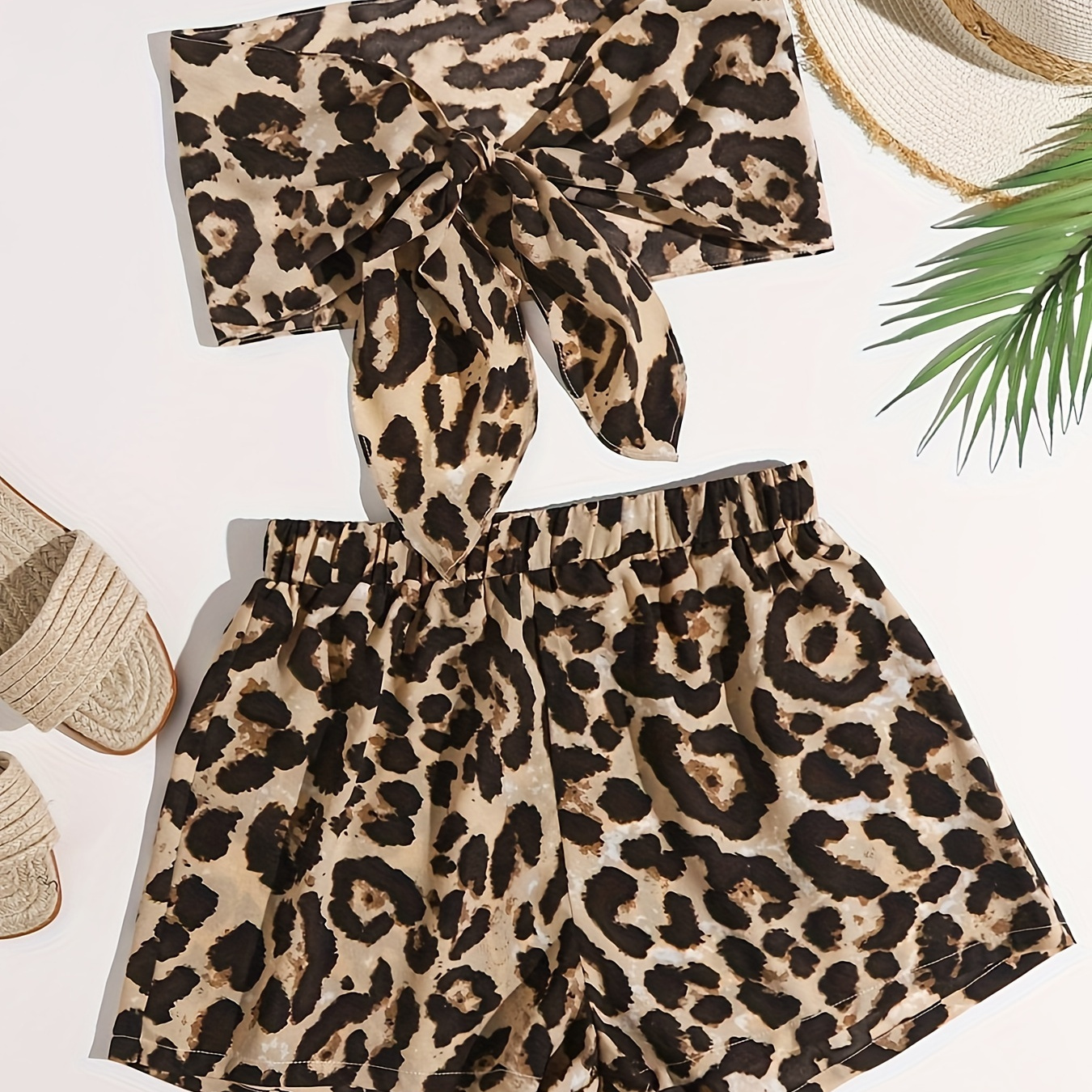 

Vacation Style Leopard Print Shorts Set, Tie Front Crop Tube Top & Elastic Waist Loose Shorts, Women's Clothing