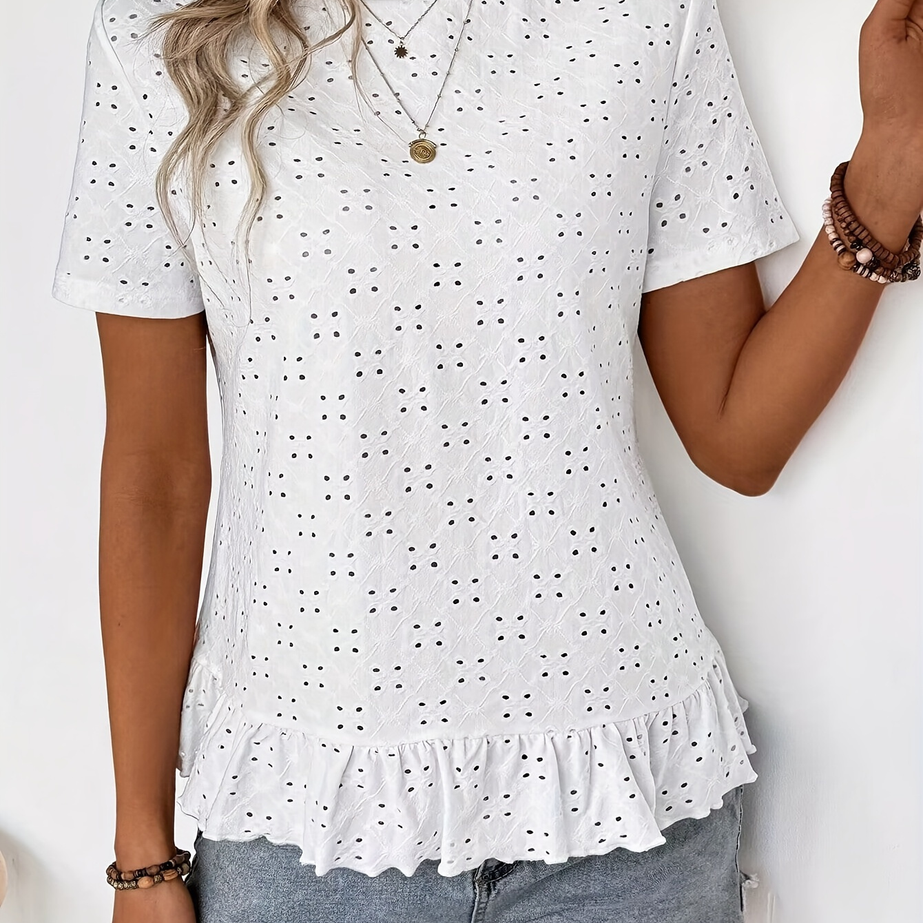 

Solid Eyelet Ruffle Trim T-shirt, Casual Short Sleeve T-shirt For Spring & Summer, Women's Clothing Wedding Holiday Vacation