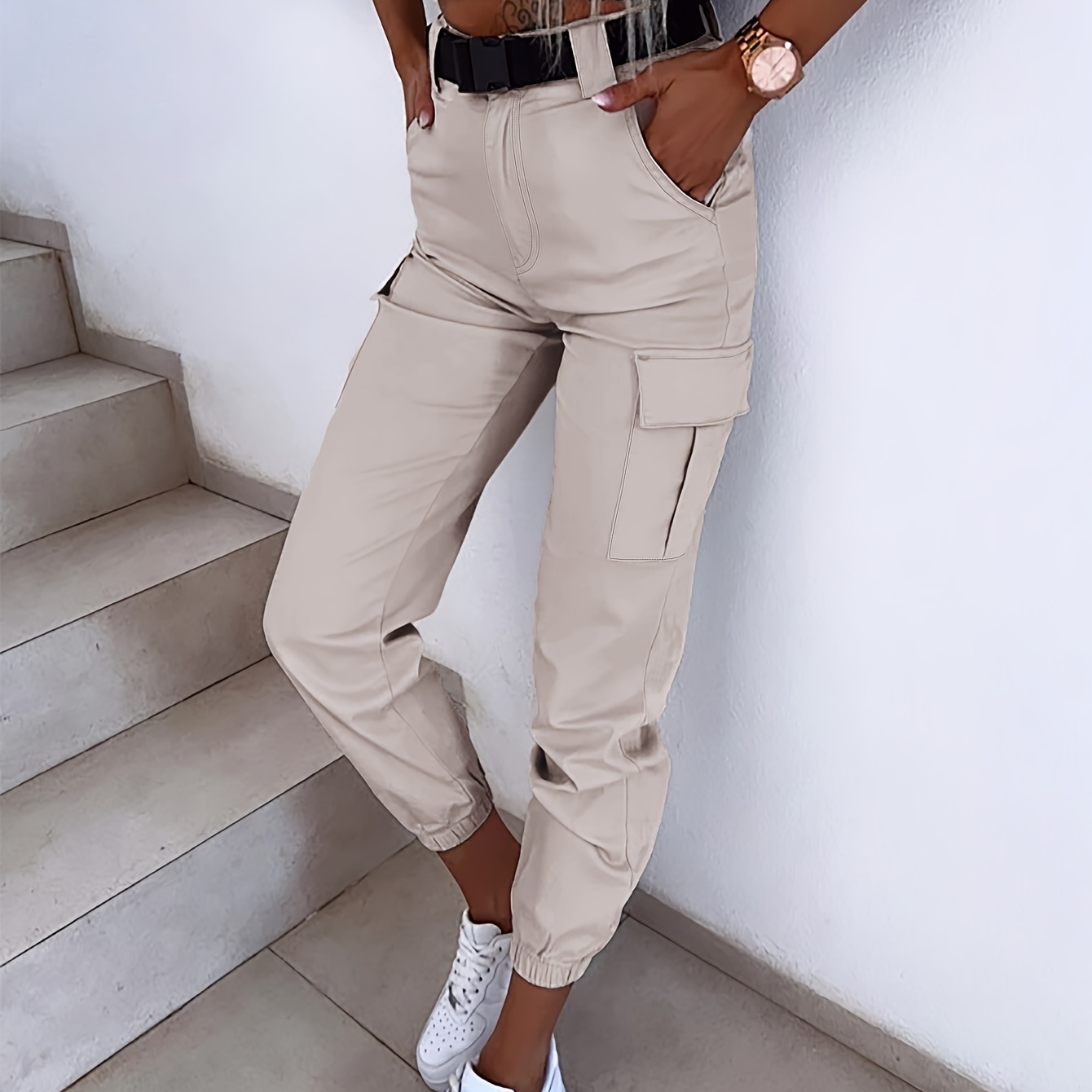 

Women's High-waist Jogger Pants With Zippered Cuffs - Casual Polyester, Mid-stretch Fabric, Machine Washable - Chic Ankle-length With Pockets For