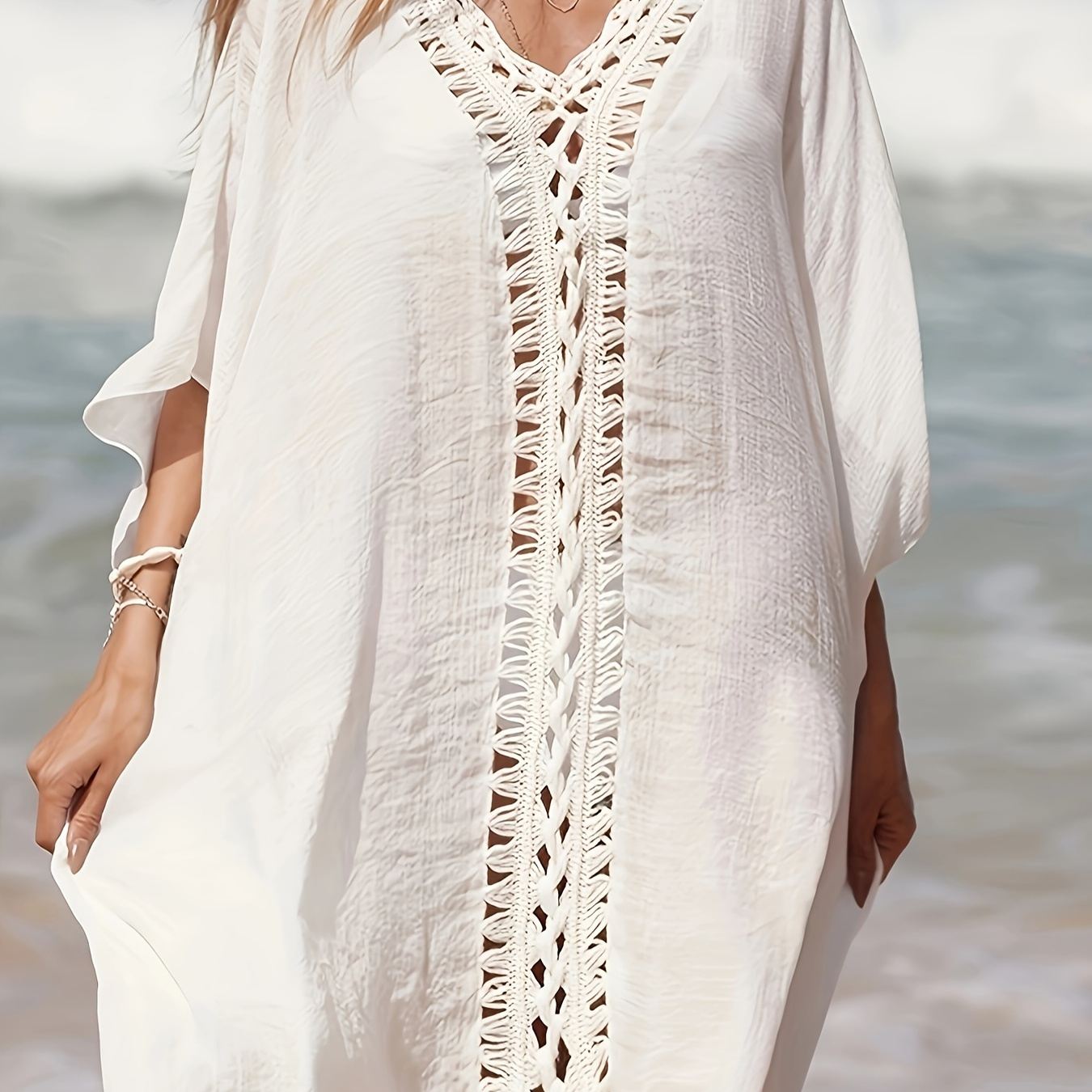 

1pc, Women's Crochet V-neck Beach Cover-up Dress, Semi-sheer, Mid-length, Sexy Vacation Style Beachwear