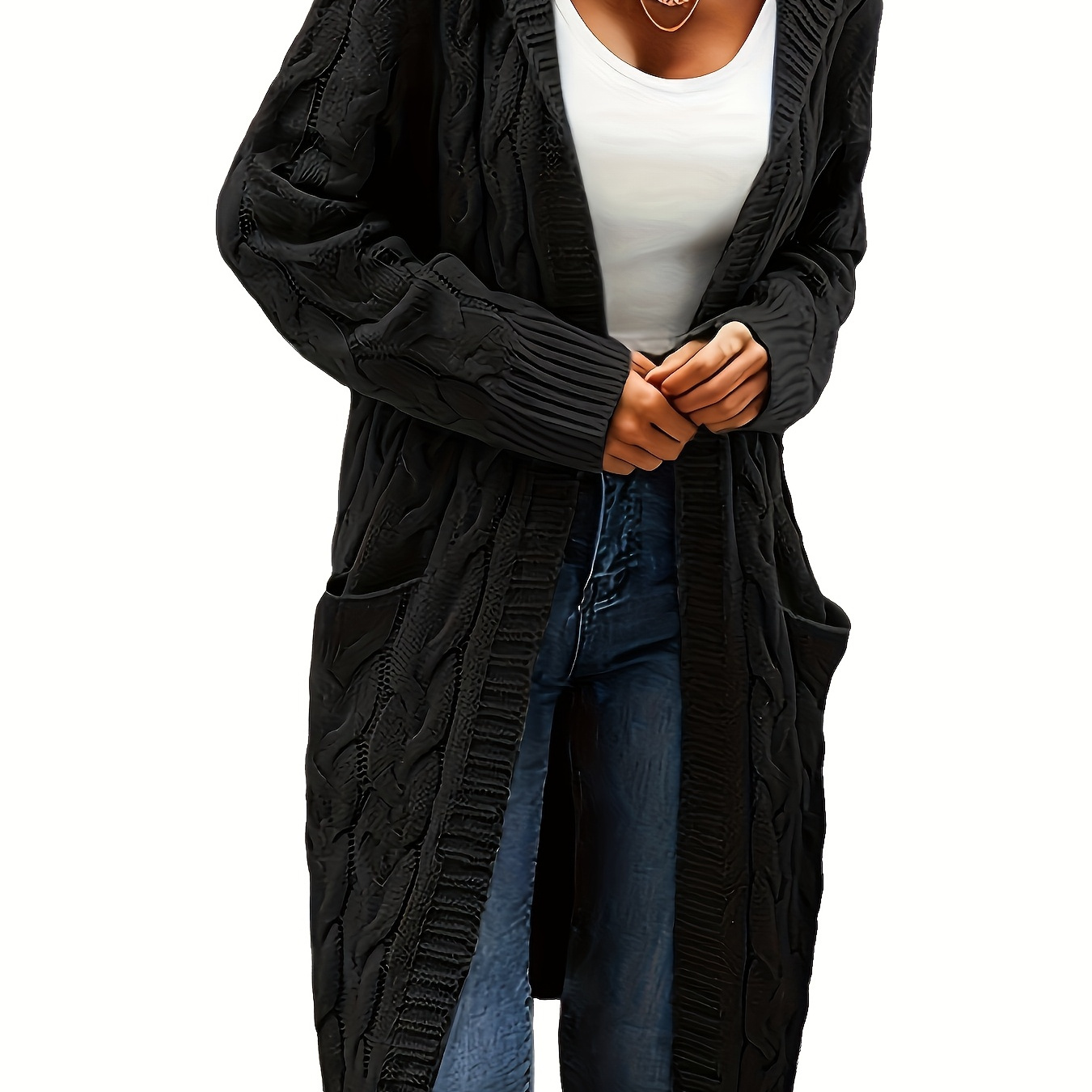 

Women's Casual Long Knit Cardigan - Open Front, Solid Color With Pockets, Fall/winter