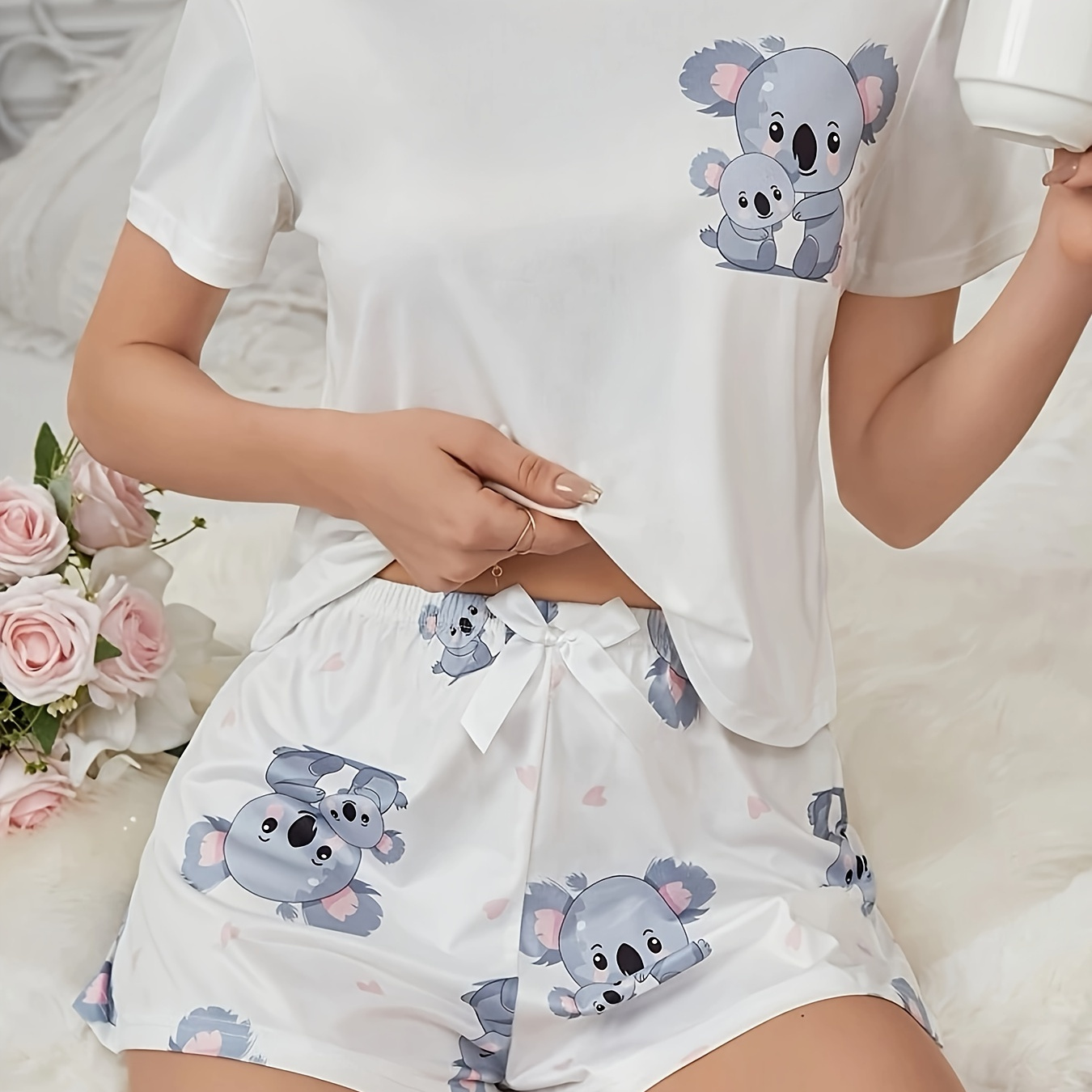 

Women's Cute Cartoon Koala Print Pajama Set, Short Sleeve Round Neck Top & Shorts, Comfortable Relaxed Fit