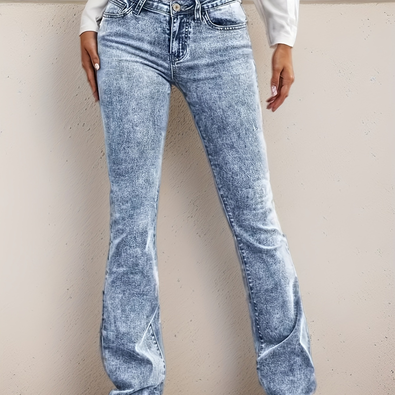 

Snowflake Washed Flare Leg Bootcut Slim Fit Streetwear Denim Pants, Women's Denim Jeans & Clothing