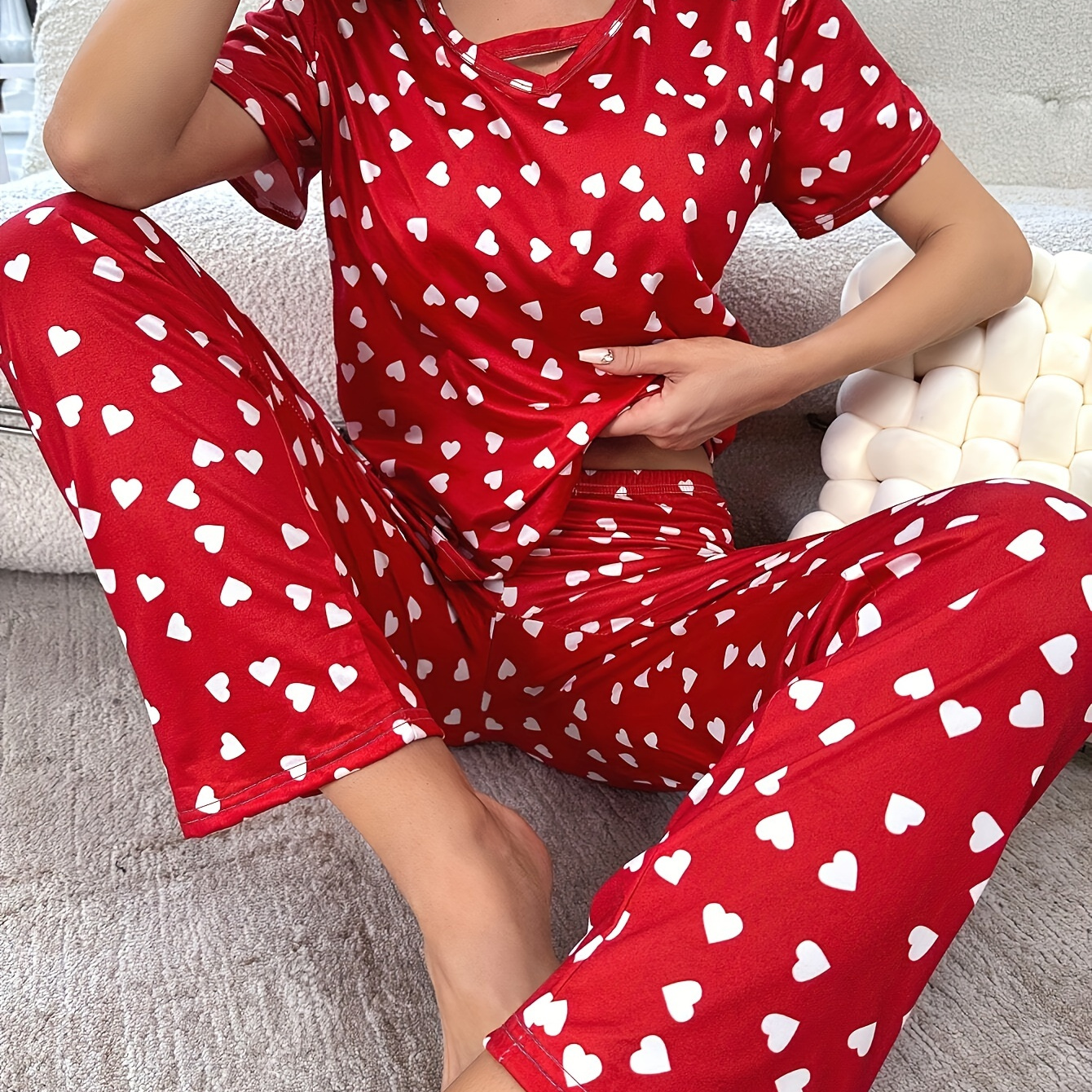 

Women's Pajama Set, Love Heart Print, Round Neck, Short Sleeve, Long Pants, Casual Style Sleepwear