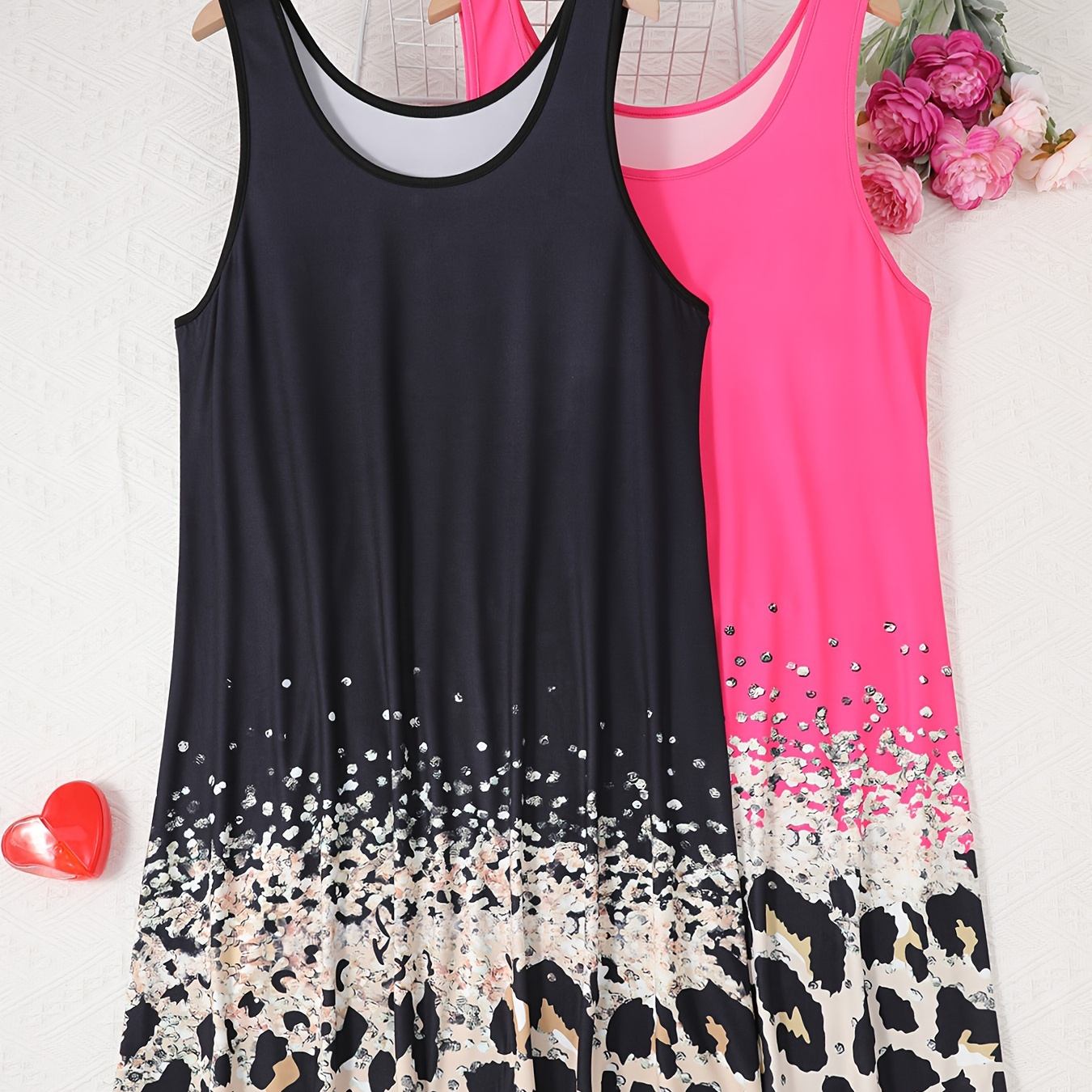 

2pcs Women's Plus Casual Sleep Dress, Plus Size Colorblock Leopard Print Round Neck Tank Nightdress