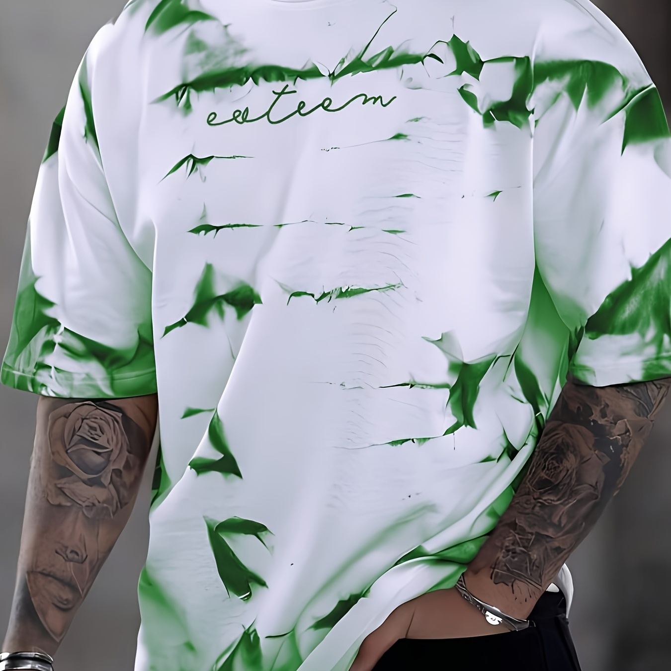 

Green Paint Mark Pattern And Alphabet Print T-shirt With Crew Neck And Short Sleeve, Casual And Stylish Tops For Men's Summer Outdoors Daily Wear