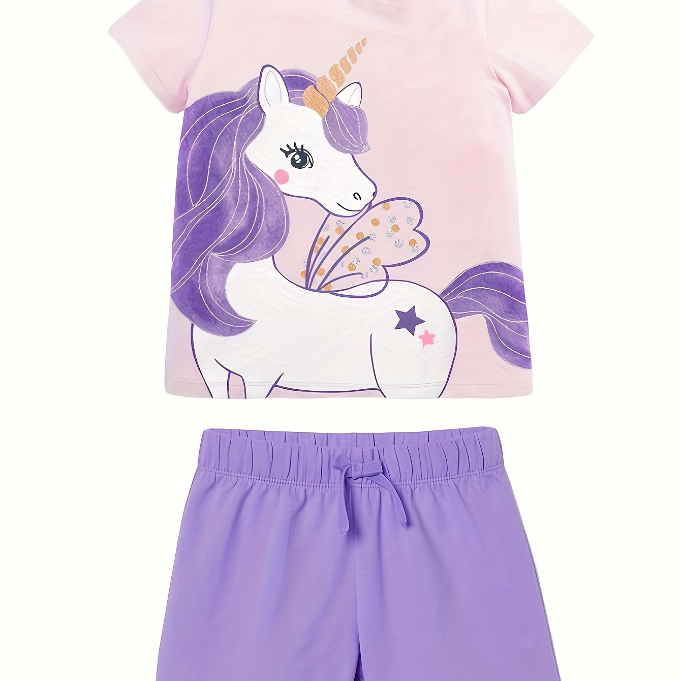 

Girls Summer Short Sleeved Pure Cotton Round Neck Unicorn Random Printed T-shirt Shorts Two-piece Set 2-7y