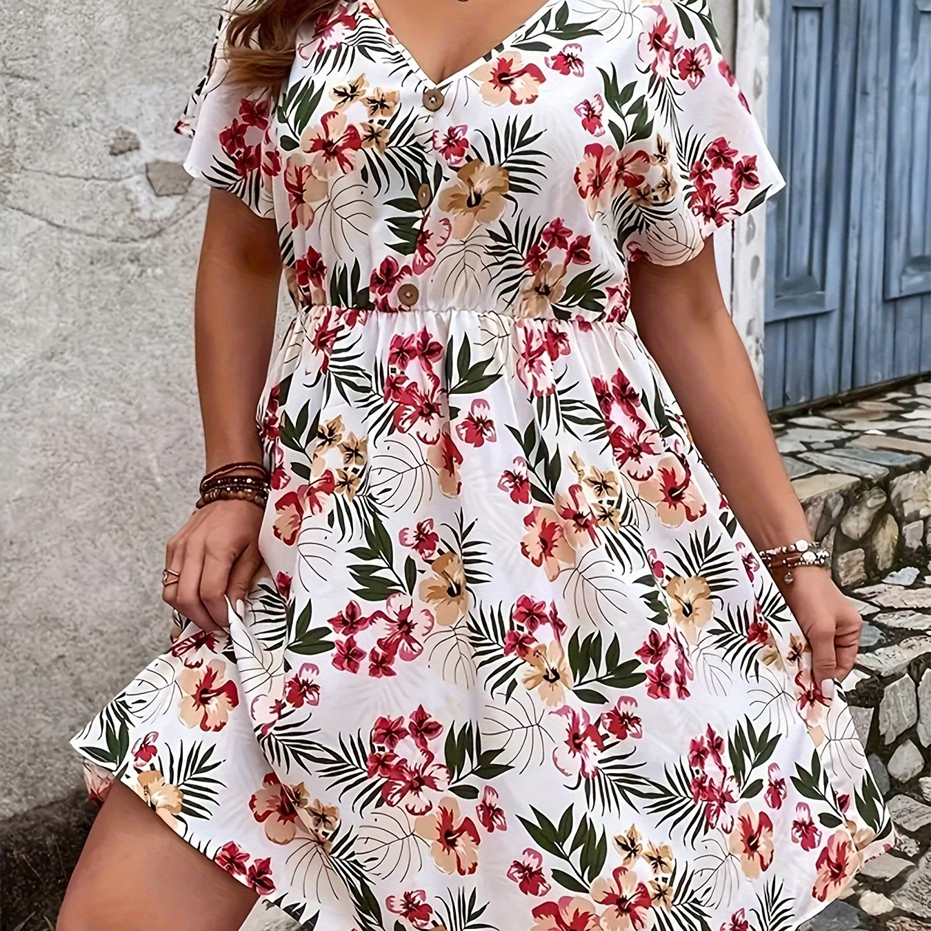 

Plus Size Floral Print Cinched Waist Dress, Vacation Style Button Front Batwing Sleeve V Neck Dress For Spring & Summer, Women's Plus Size Clothing