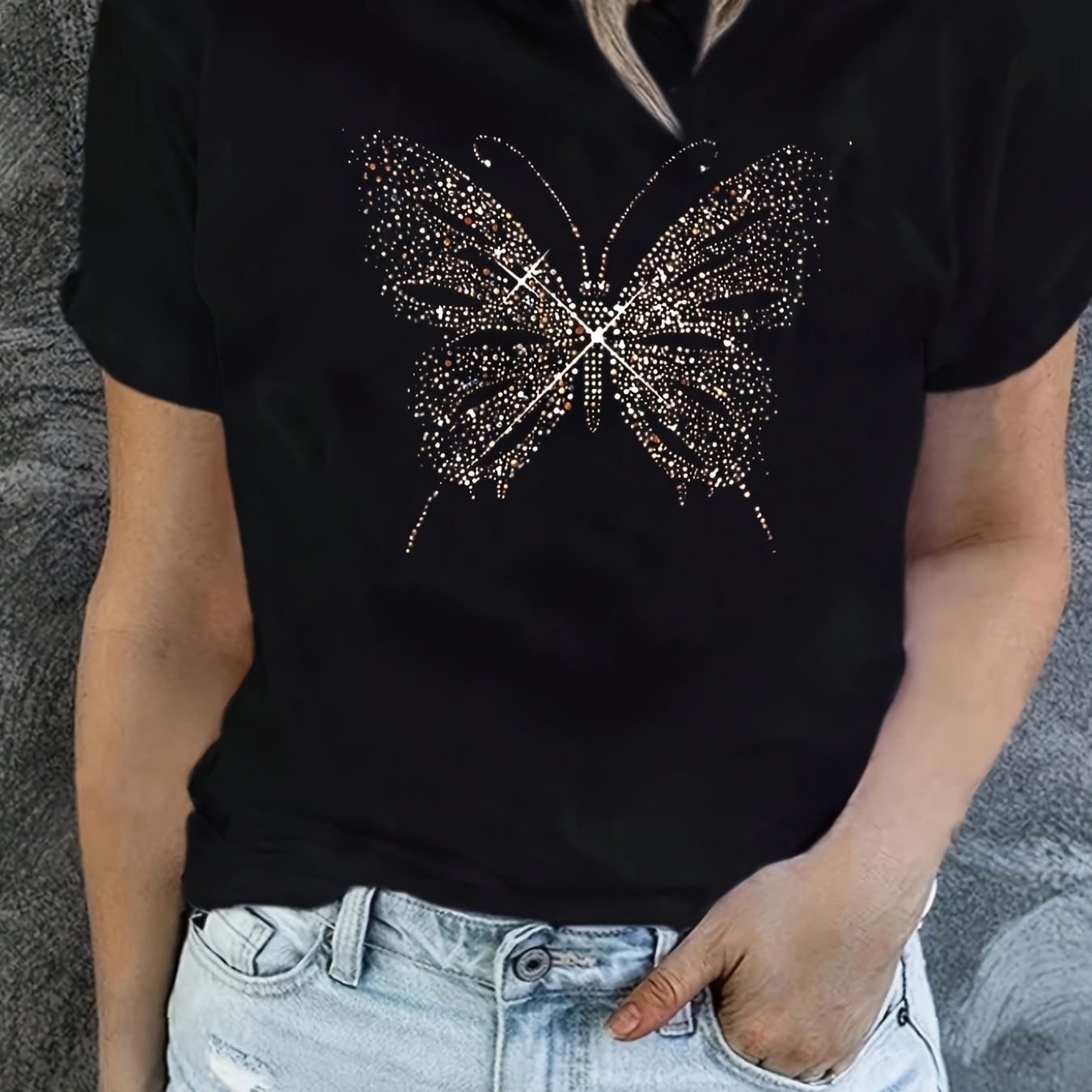 

Butterfly Pattern T-shirt, Short Sleeve Crew Neck Casual Top For Summer & Spring, Women's Clothing