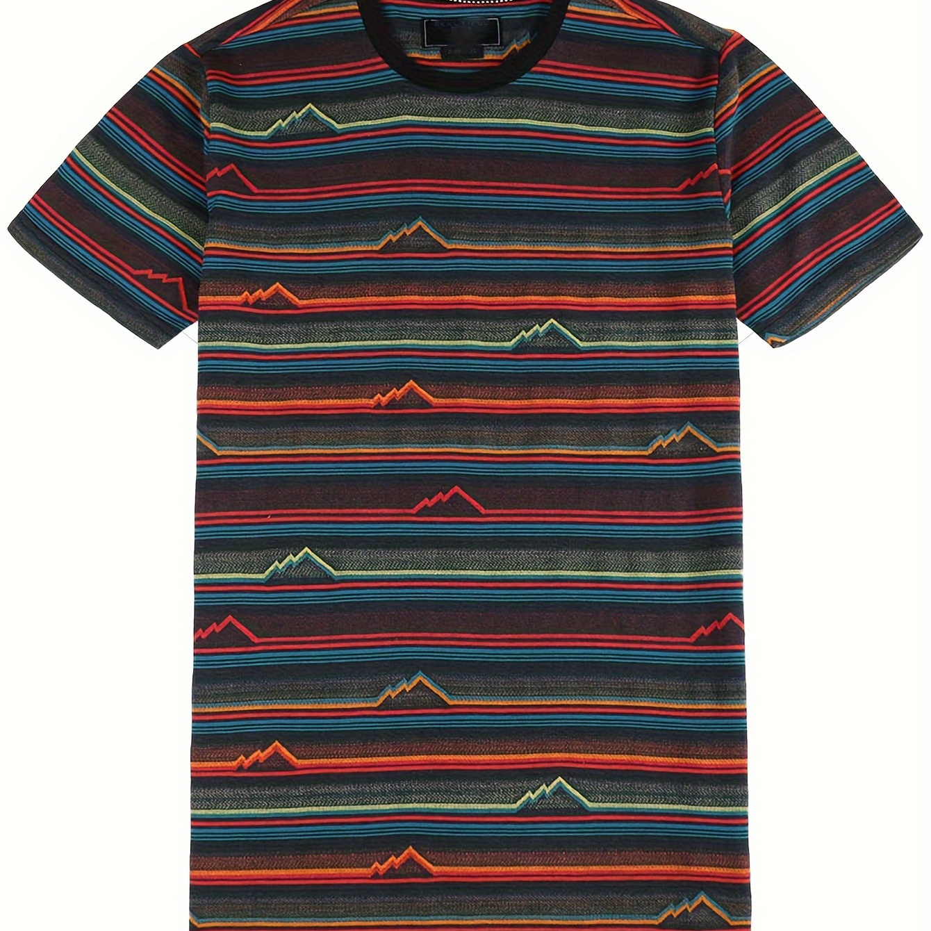 

Men's Wave-striped T-shirt, Featuring A Colorful Striped Design With Outlined House Patterns, Made Of Comfortable And Breathable Material, Suitable For Wearing During Casual Sports.