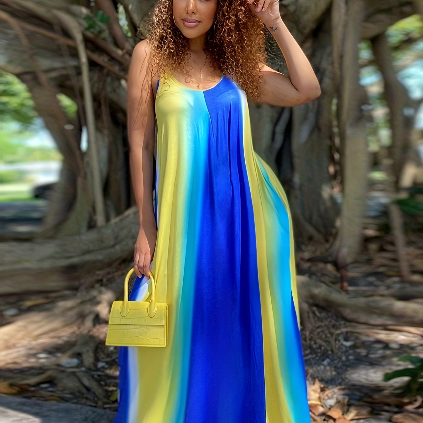 

Plus Size Casual Dress, Women's Plus Colorful V Neck Medium Stretch Cami Maxi Dress