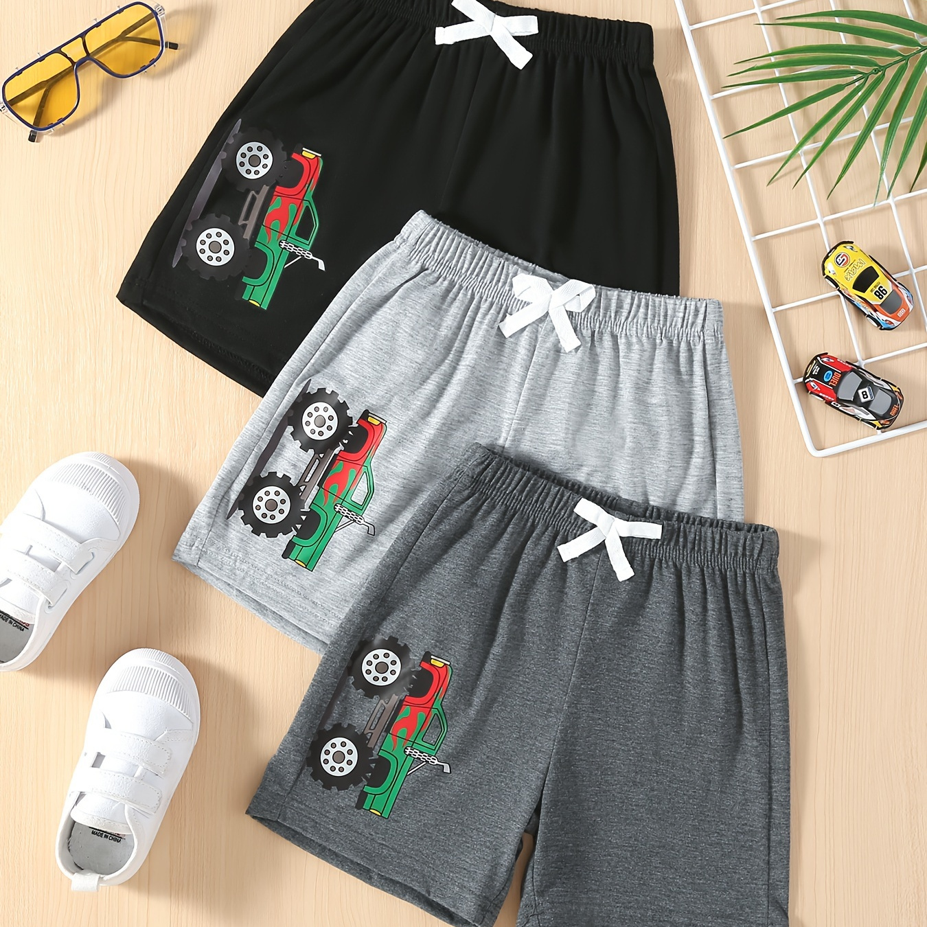 

3pcs Boy's Cartoon Truck Pattern Shorts, Elastic Waist Comfy Loose Versatile Shorts, Summer Outdoor Sports Clothing