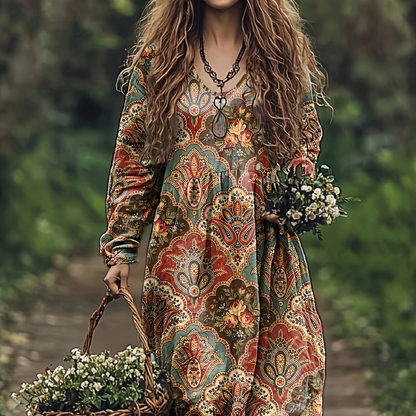 

Printed Vintage-inspired Maxi Dress With Paisley Print, Long Sleeves & V-neck - Casual Attire