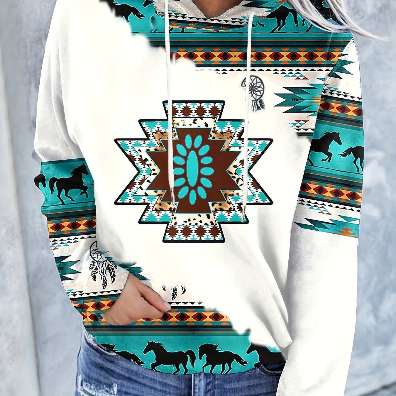 Aztec Pattern Hoodie Casual Long Sleeve Drawstring Hoodie - Temu Canada