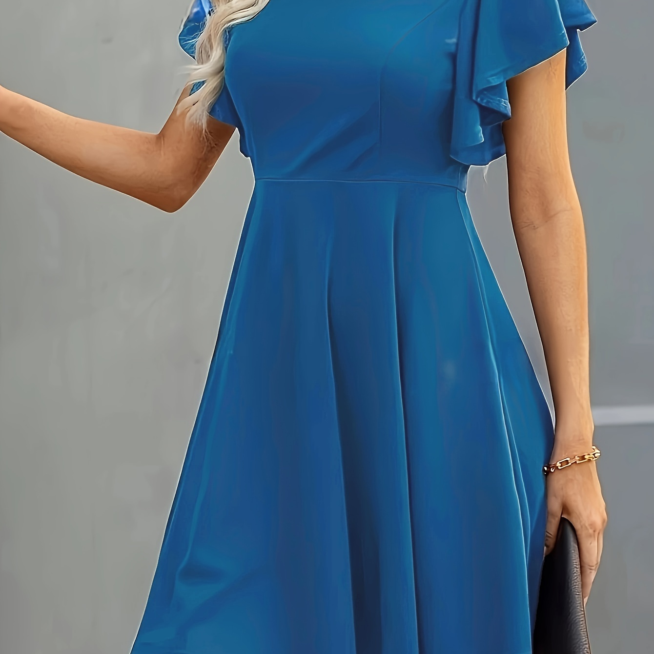 

Solid Color Crew Neck Dress, Elegant A-line Butterfly Sleeve Dress For Spring & Summer, Women's Clothing