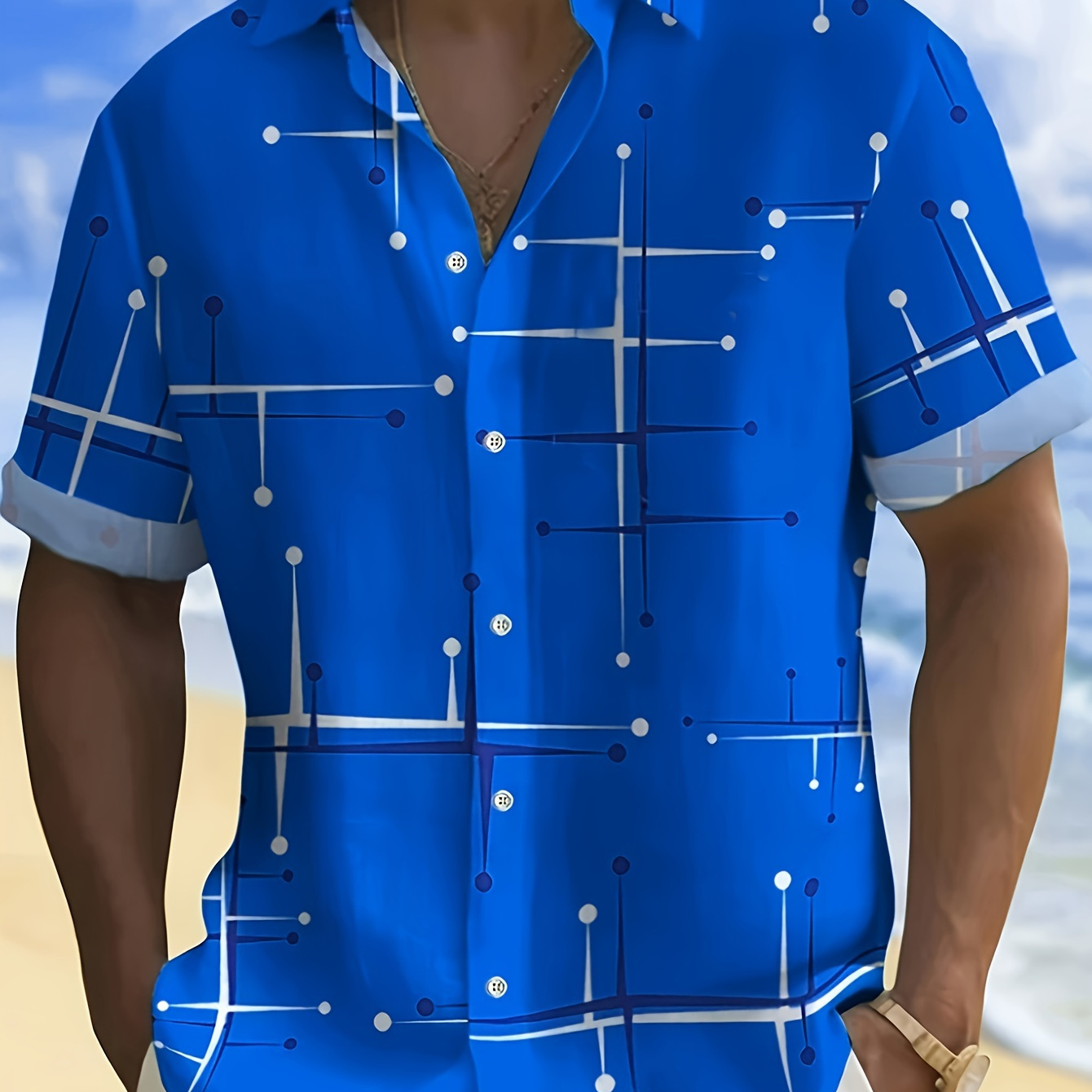

Irregular Pattern Print Men's Short Sleeve Button Down Lapel Shirt For Summer Resort Holiday, Hawaiian Style