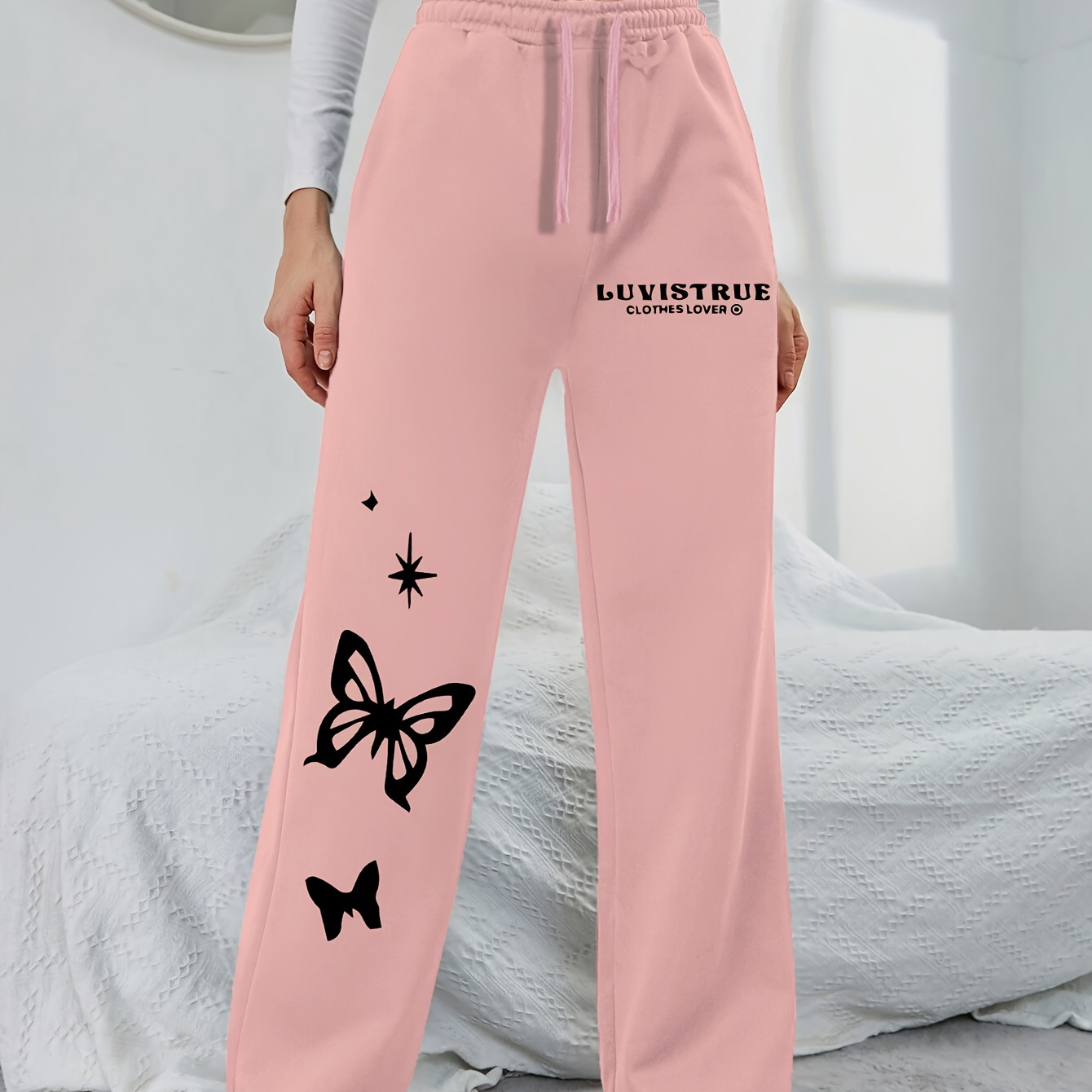 

Butterfly & Letter Print Versatile Jogger Pants, Drawstring Elastic Waist Loose Fit Casual Sports Trousers, Women's Activewear