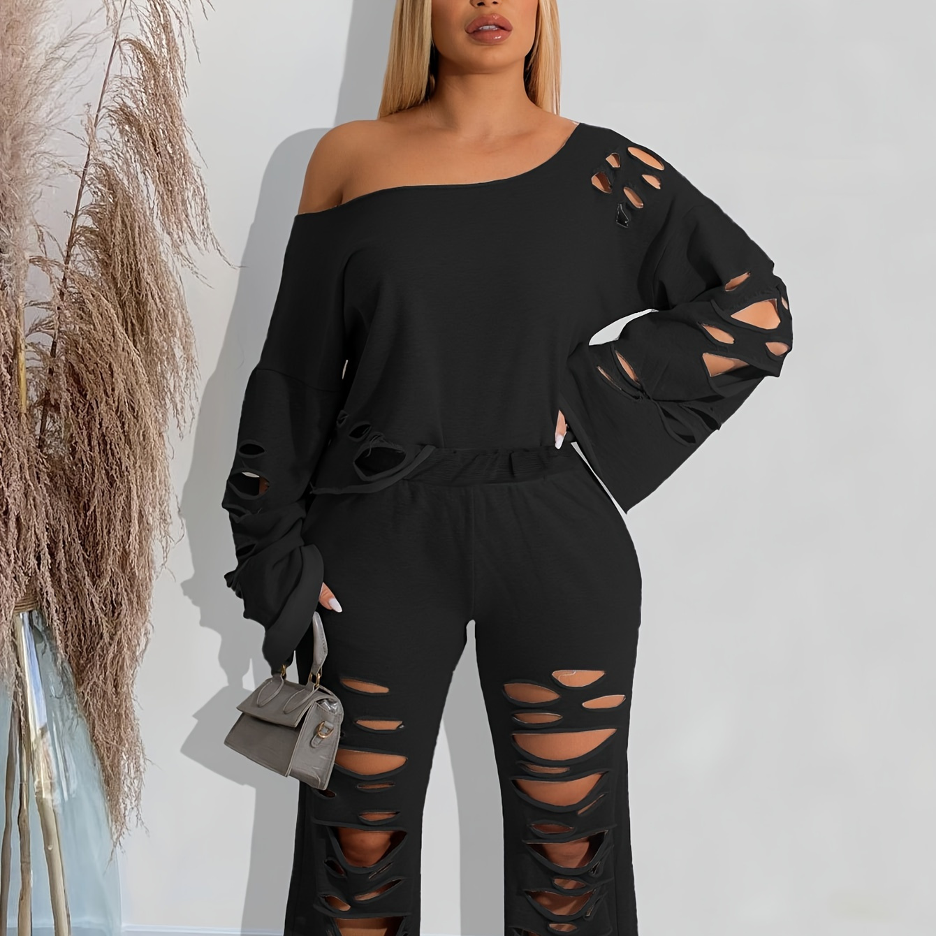 

2 Pcs Solid Color Ripped Top & Pants Outfit, Long Sleeve One-shoulder & High Waist Straight Leg Pants, Women's Clothing