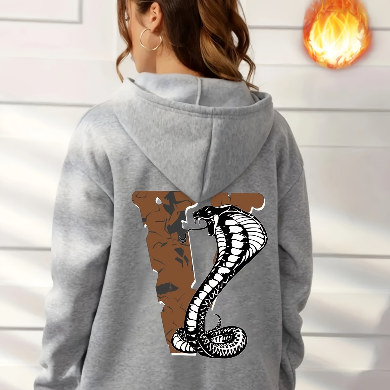 v Letter Snake Print Drawstring Hooded Sweatshirt Kangaroo - Temu