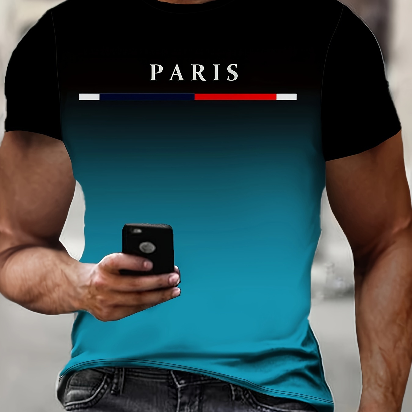 

Men's Summer Casual T-shirt 3d Paris Print Gradient Polyester Blend Tee With Stretch, Crew Neck, Regular Fit Knit Short Sleeve Top