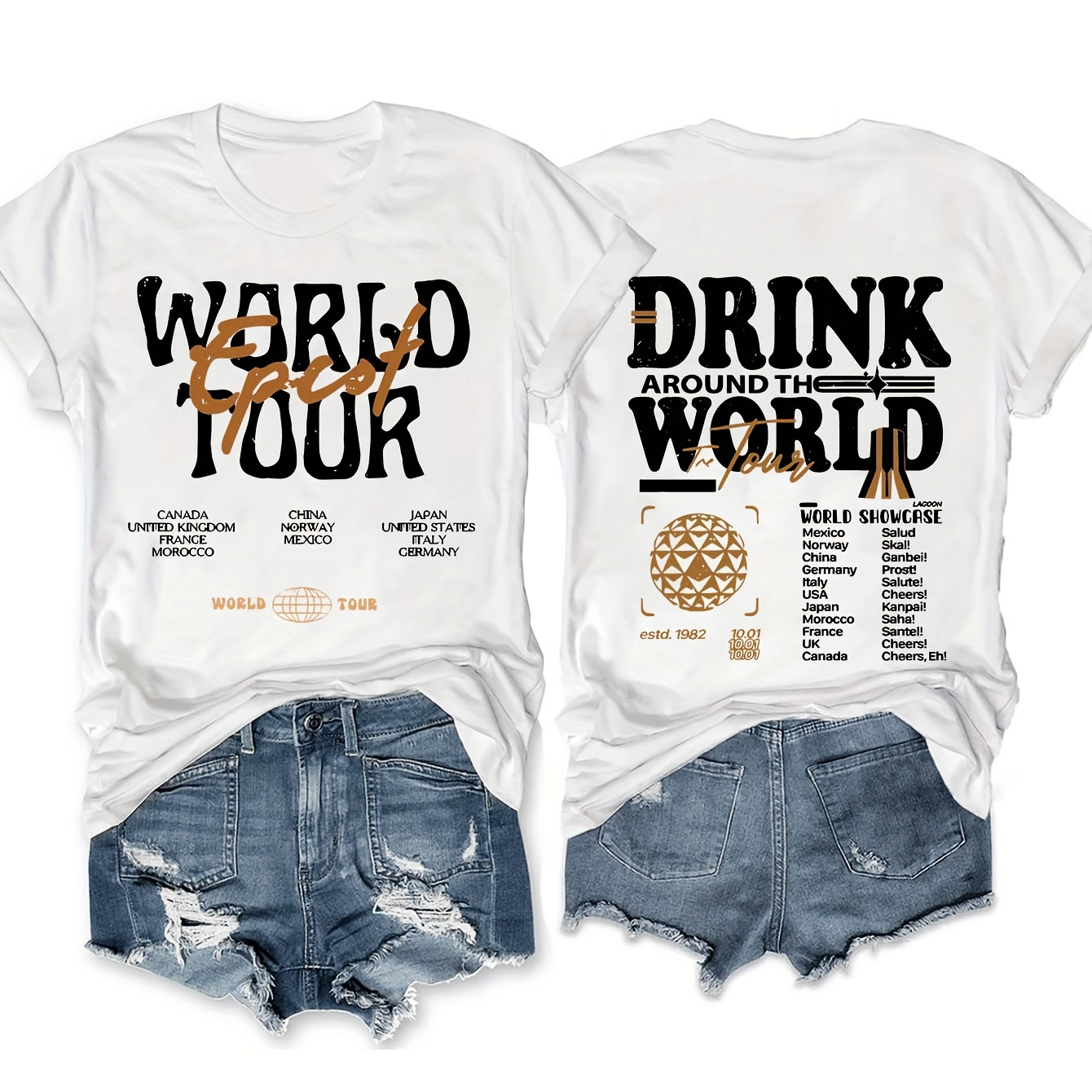 

Drink Around The World T-shirt, Polyester Knit Fabric, Casual Crew Neck Tee, Short Sleeve, Regular Length, Alphabet Pattern, Summer Tops For Women