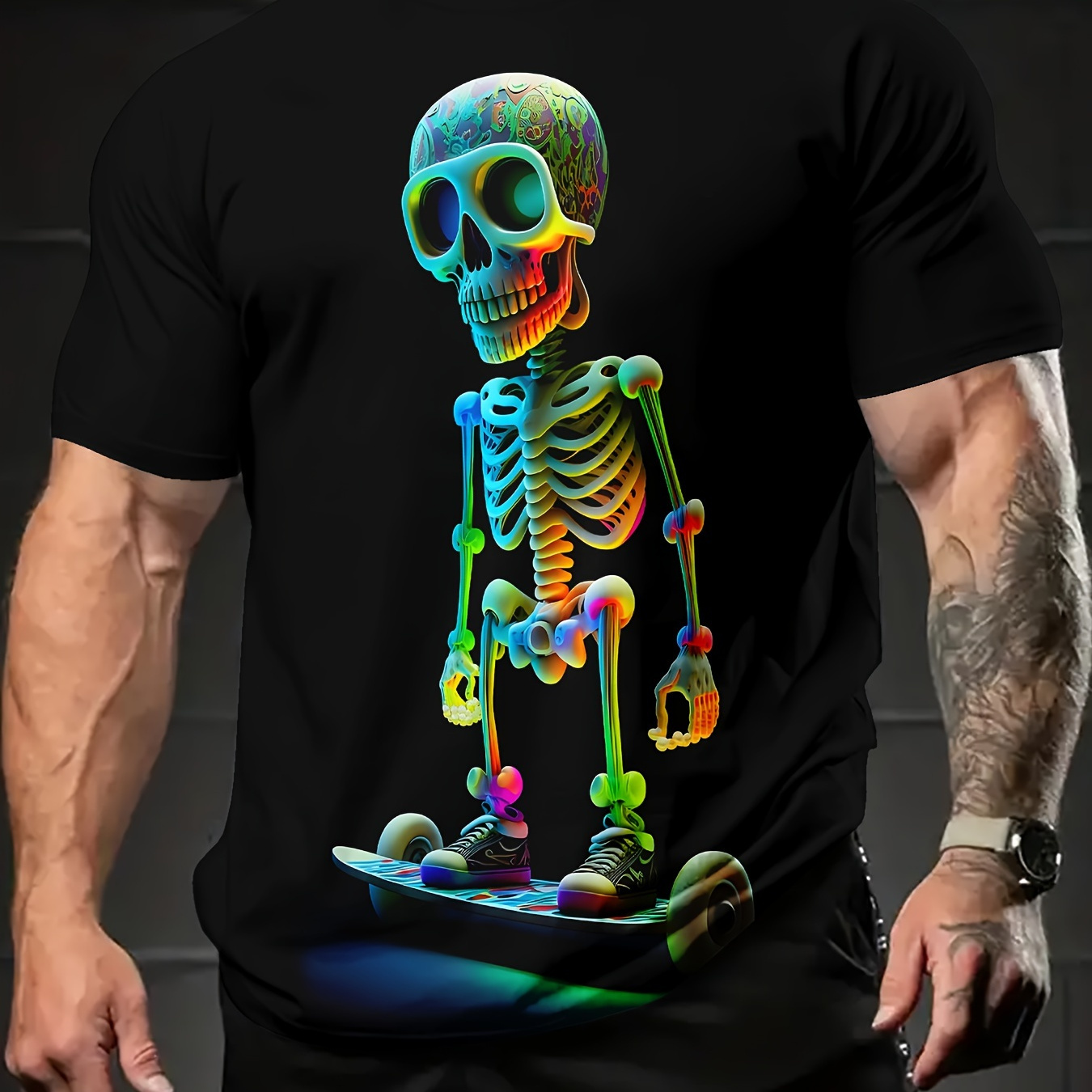 

T-shirt de skateboard Cool Skeleton pour hommes, 100 % polyester, t-shirt décontracté à col rond avec imprimé vibrant, haut d'été à coupe standard pour un