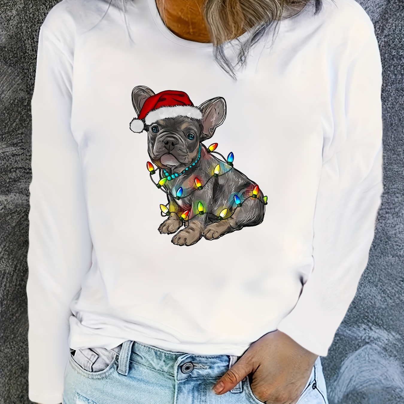 

Christmas French Bulldog In Santa Hat With Lights Casual Long Sleeve Crew Neck T-shirt, Polyester Knit Fabric, Cartoon Pattern - Fall/winter Collection