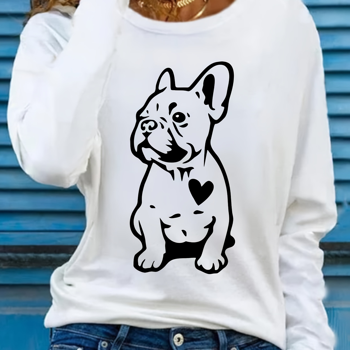 

Women's Casual Long Sleeve T-shirt With Cute Dog Print - Crew Neck, Soft Polyester, Machine Washable - Fall