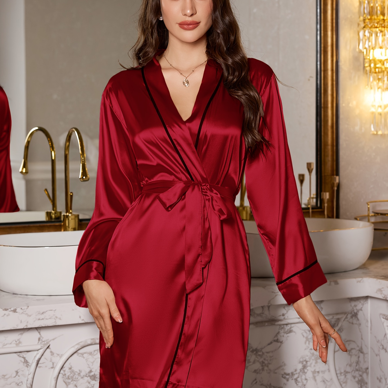 

Elegant V-neck Satin Nightgown For Women - 100% Polyester, , Solid Color, Woven Slip Dress With Belt Detail, Ladies Night Gowns, Best For Christmas