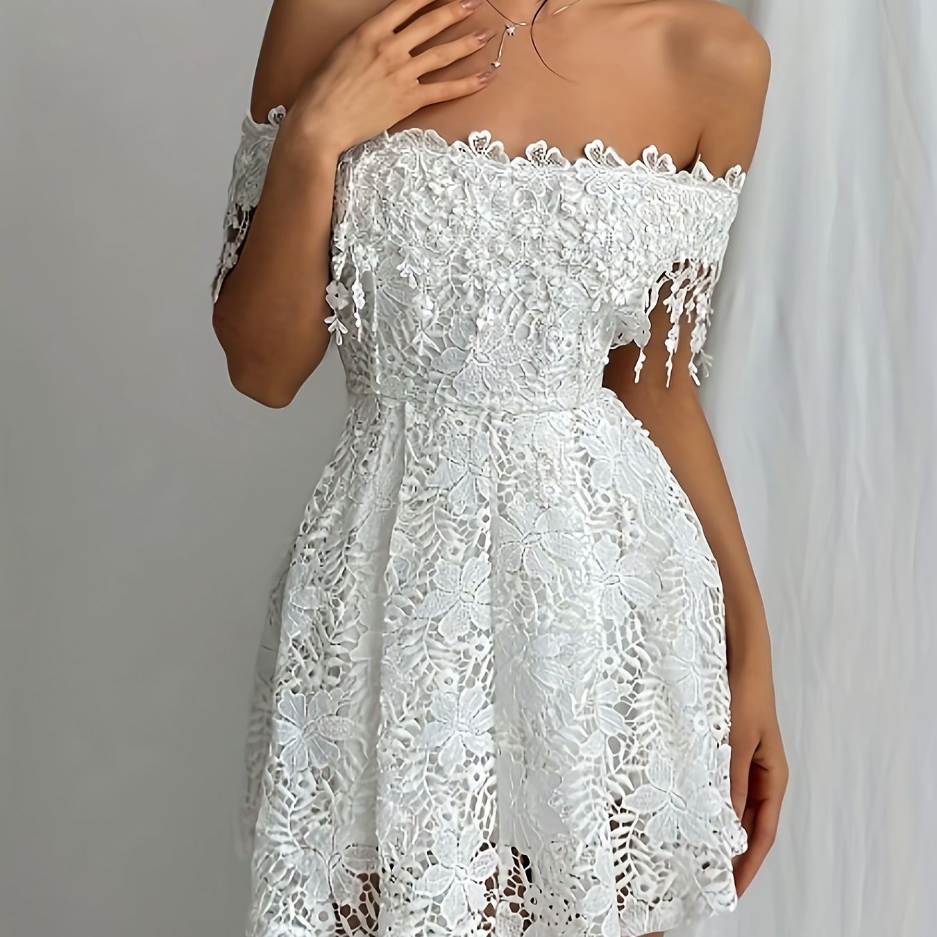 

Off Shoulder Contrast Lace Dress, Elegant Short Sleeve Dress For Spring & Summer, Women's Clothing