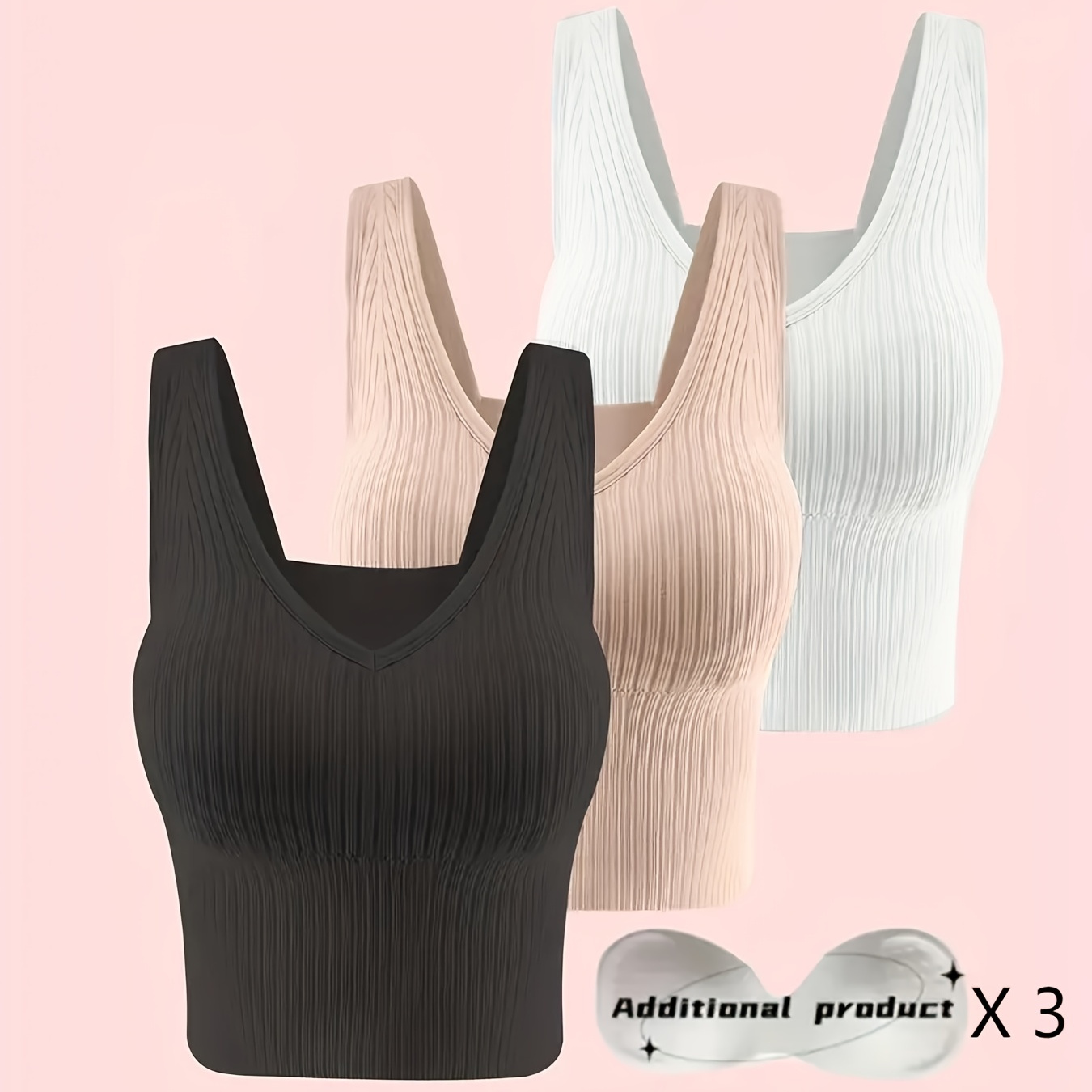 

3pcs Ribbed Tank Top, Casual & Comfortable Wireless Vest Bra With Detachable Chest Pads, Women's Lingerie & Underwear