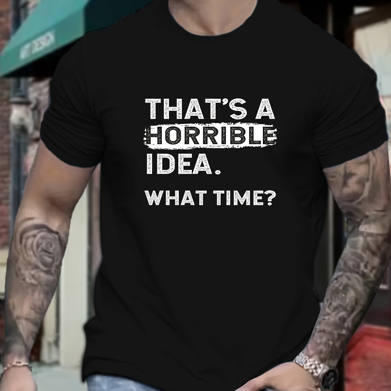 

Plus Size Men's "that's A Horrible Idea" Graphic Print T-shirt For Summer, Outdoor Sports Short Sleeve Tees