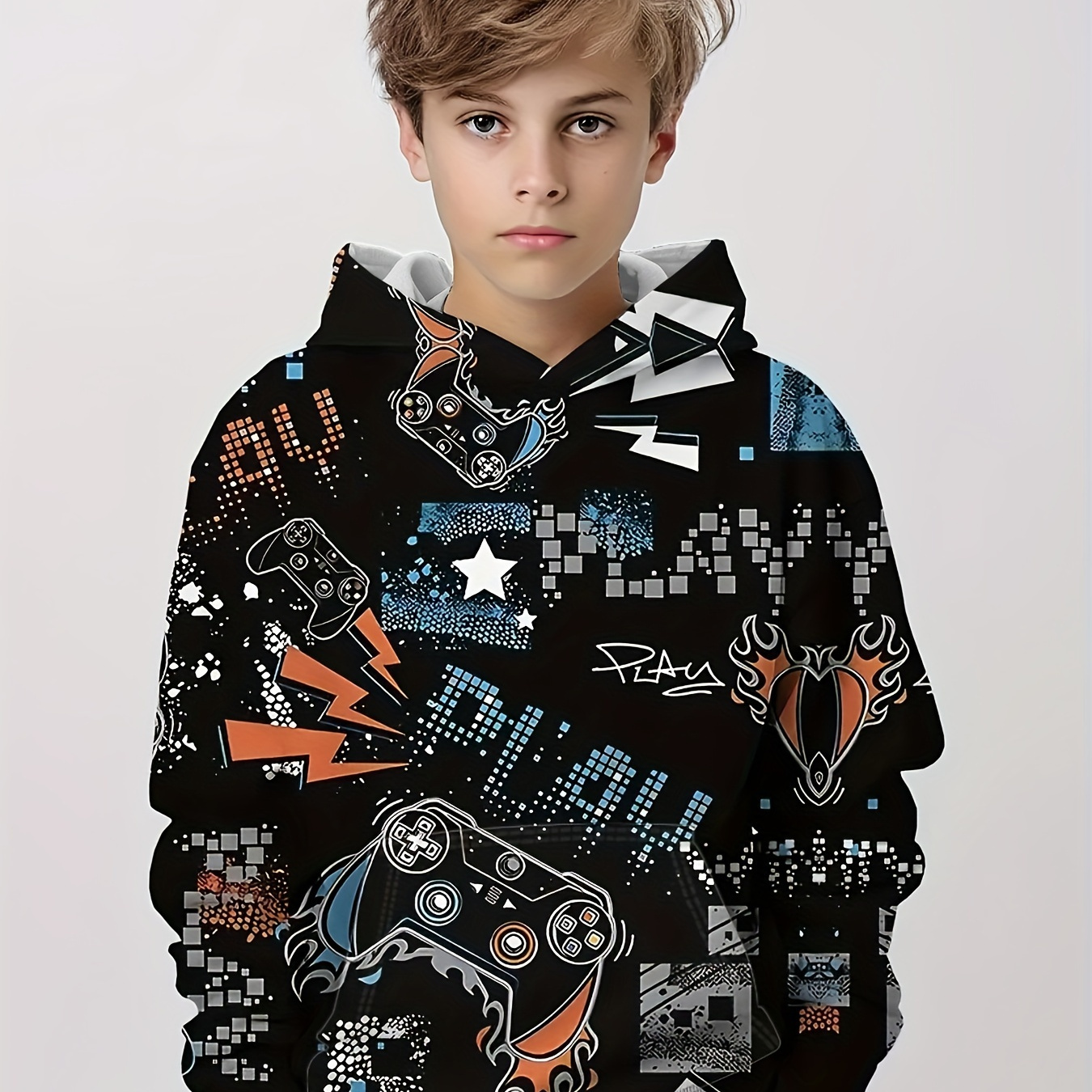 Stylish Gamepad 3D Print Boys Casual Pullover Hooded Long Sleeve Sweatshirt For Spring Fall, Kids Hoodie Tops Outdoor